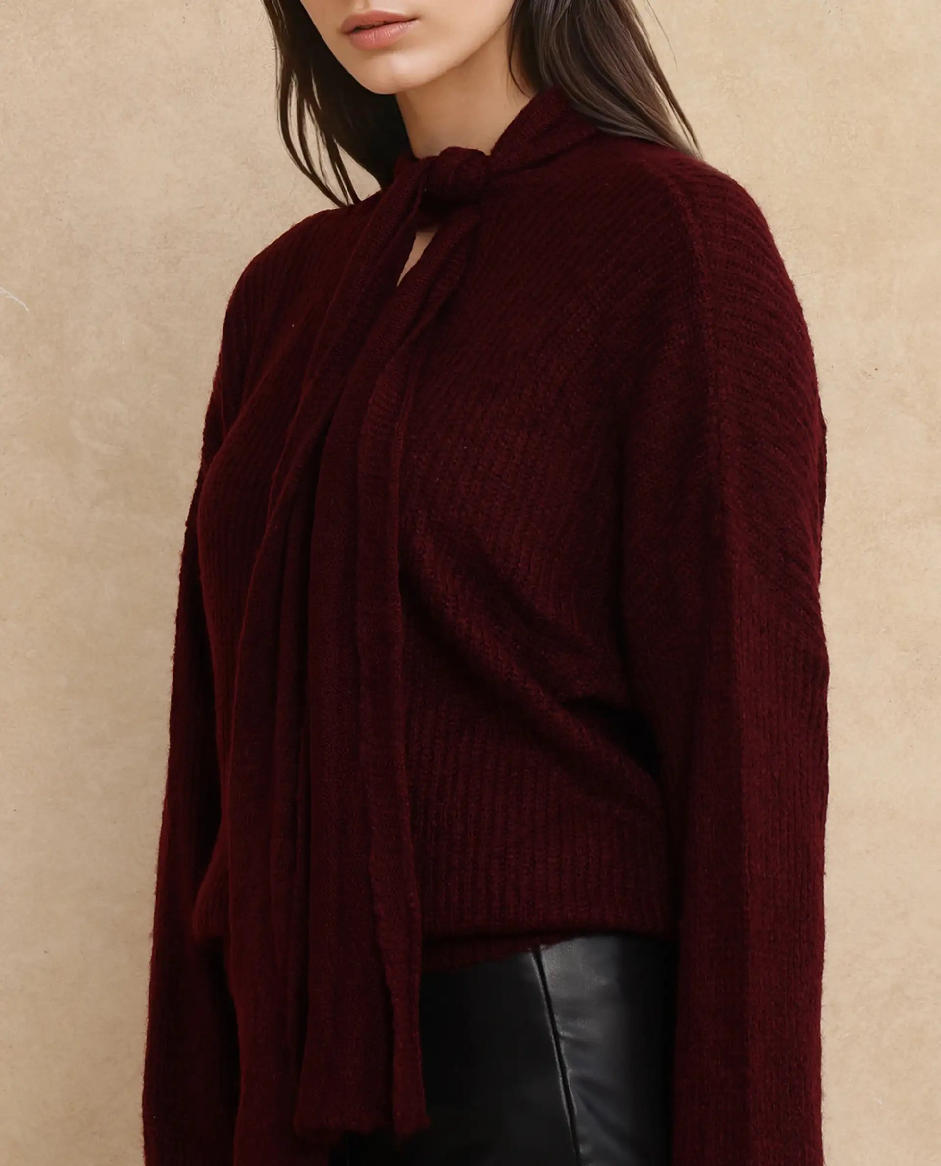 Rareism Women's Buzz Maroon Nylon Tie-Up Neck Plain Relaxed Fit Sweater