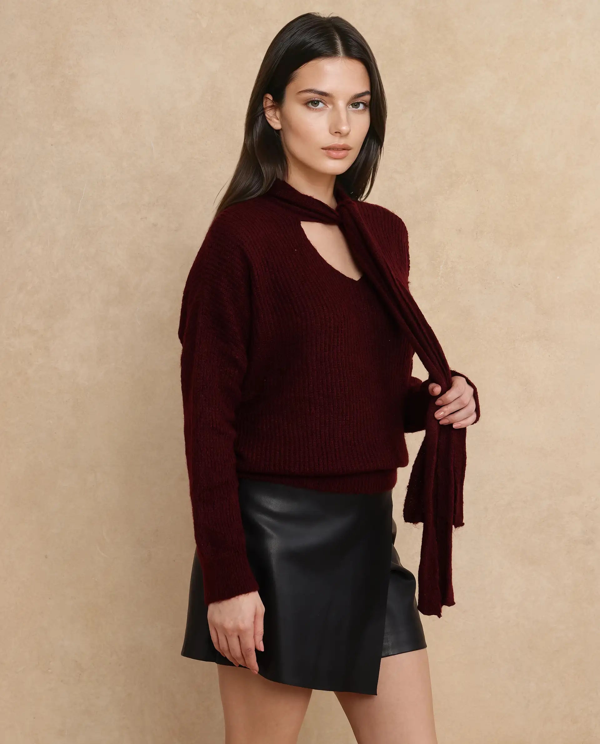Rareism Women's Buzz Maroon Nylon Tie-Up Neck Plain Relaxed Fit Sweater