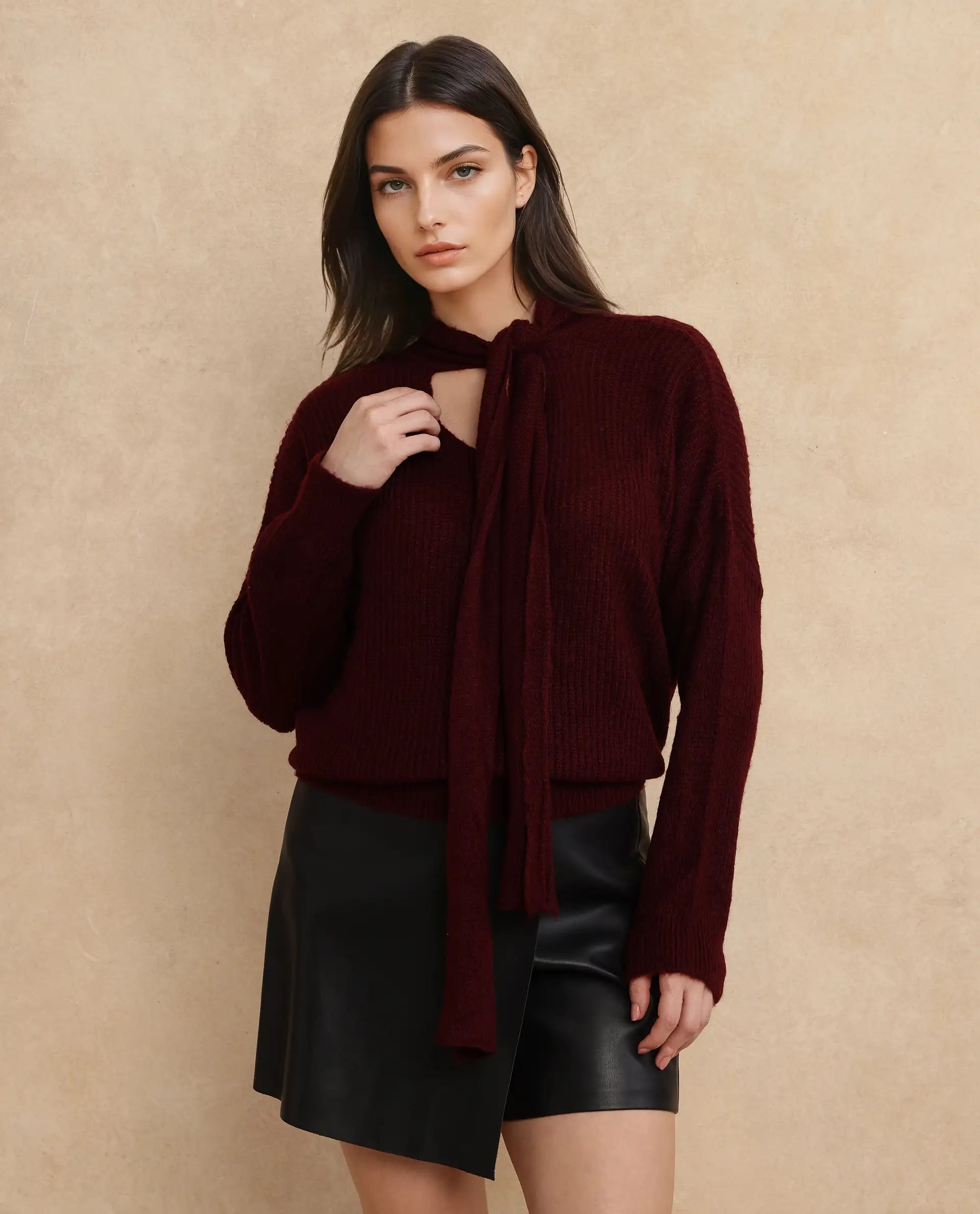 Rareism Women's Buzz Maroon Nylon Tie-Up Neck Plain Relaxed Fit Sweater