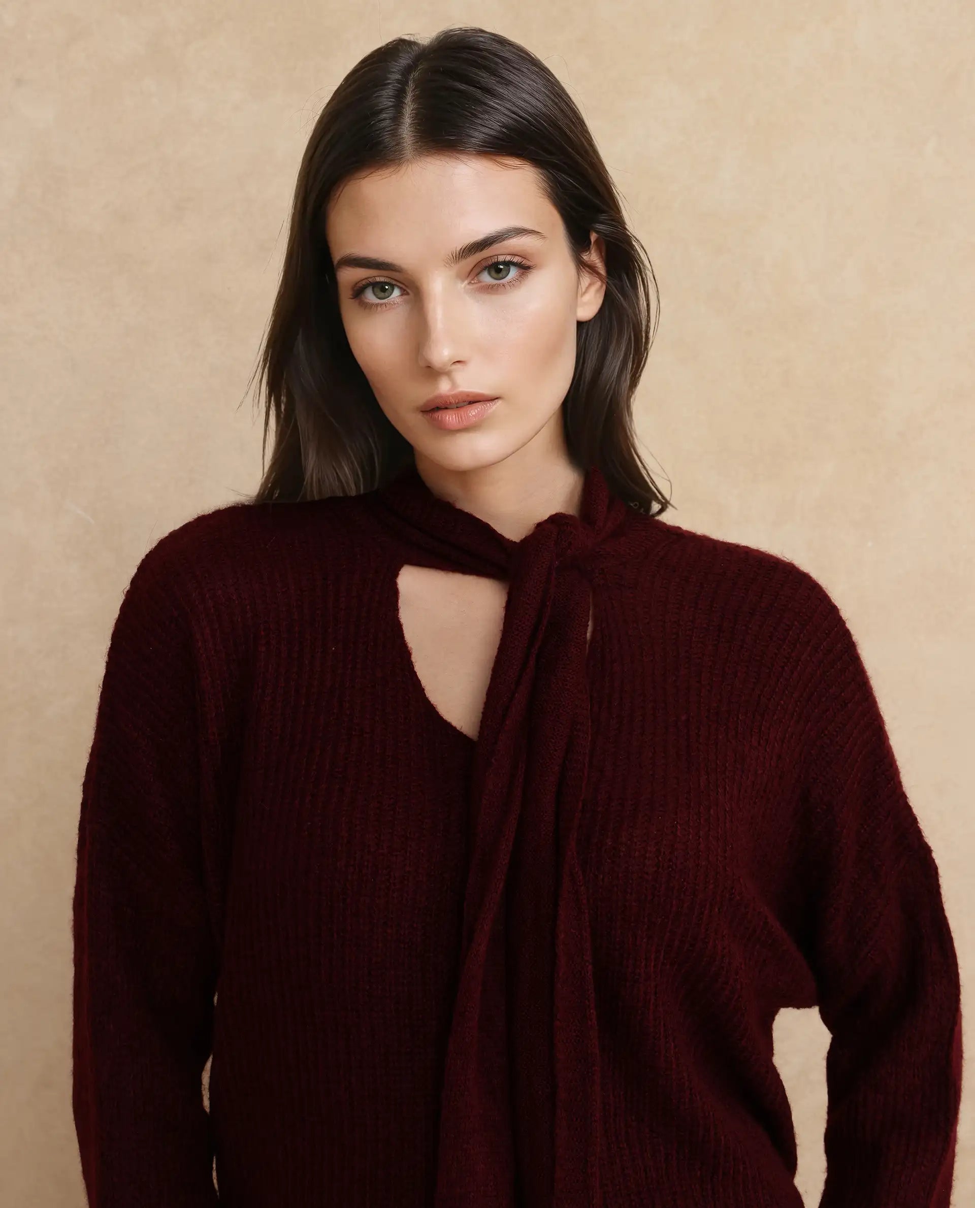 Rareism Women's Buzz Maroon Nylon Tie-Up Neck Plain Relaxed Fit Sweater