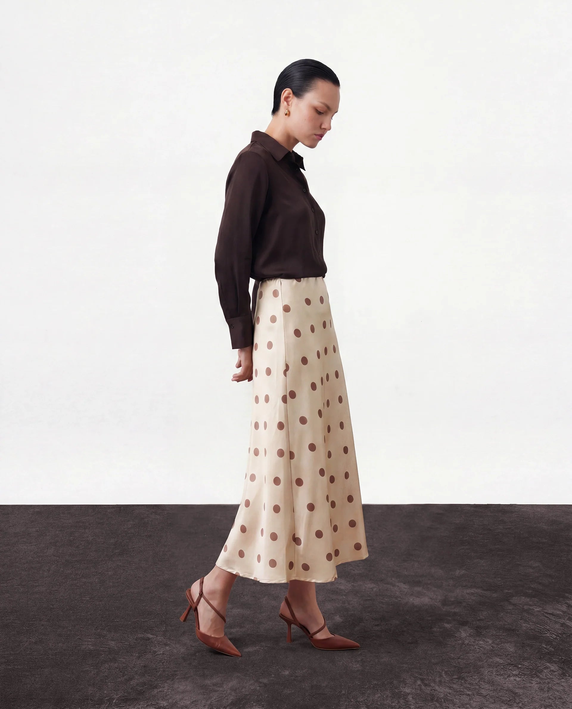 Rareism Women's Berdo-B Beige Polyester Blend Polka Print Maxi Flared Skirt