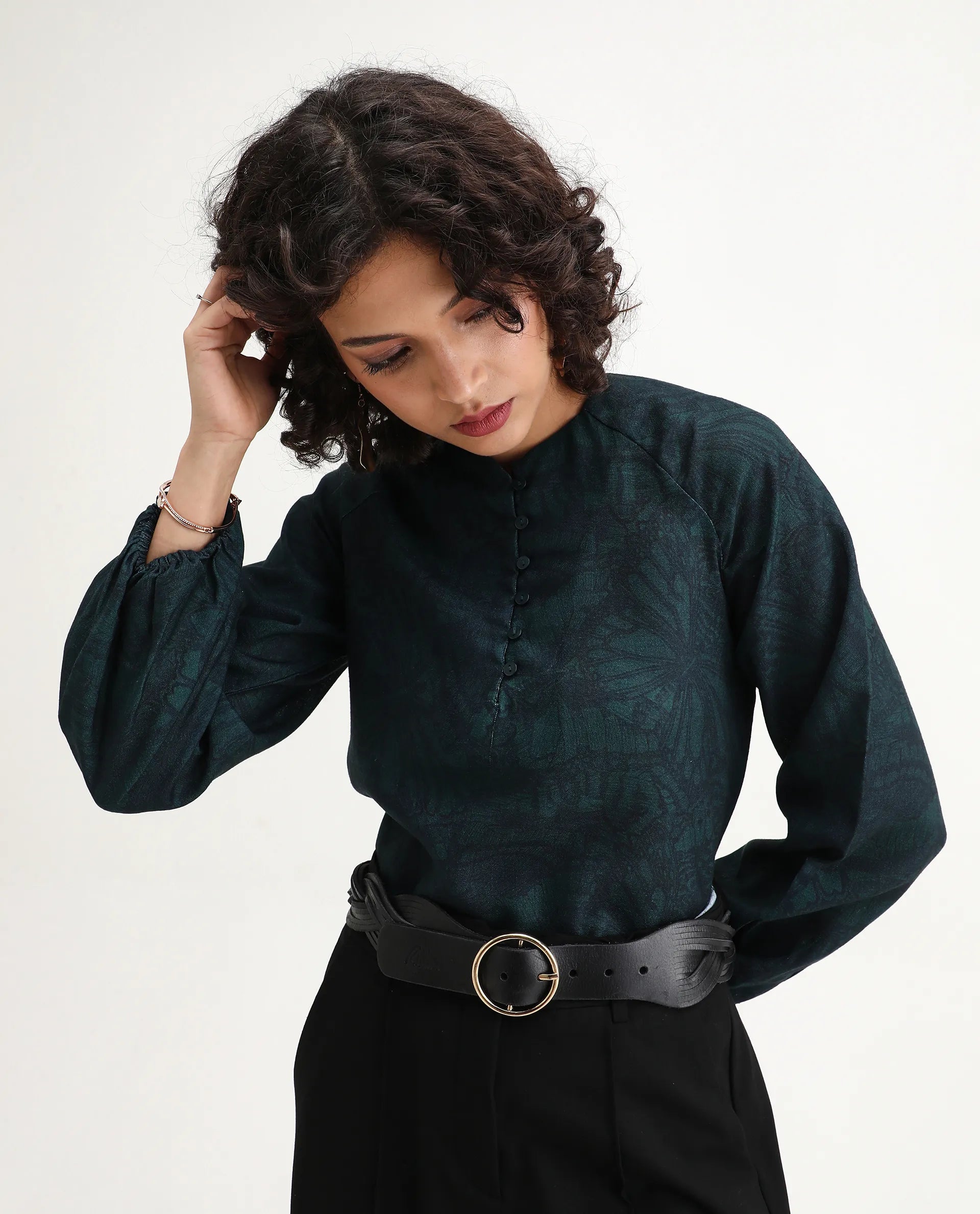 Rareism Women's Bhanism Teal Polyester Round Neck Abstract Print Bishop Sleeve Regular Fit Top