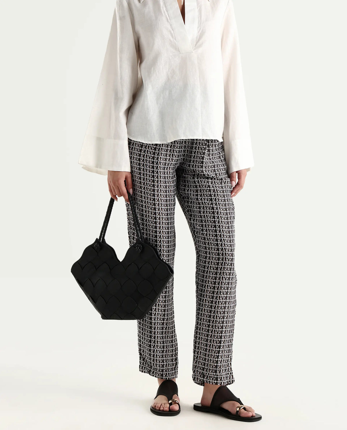 Rareism Women's Blakey Black Modal Blend Graphic Print Ankle Length Tailored Trouser