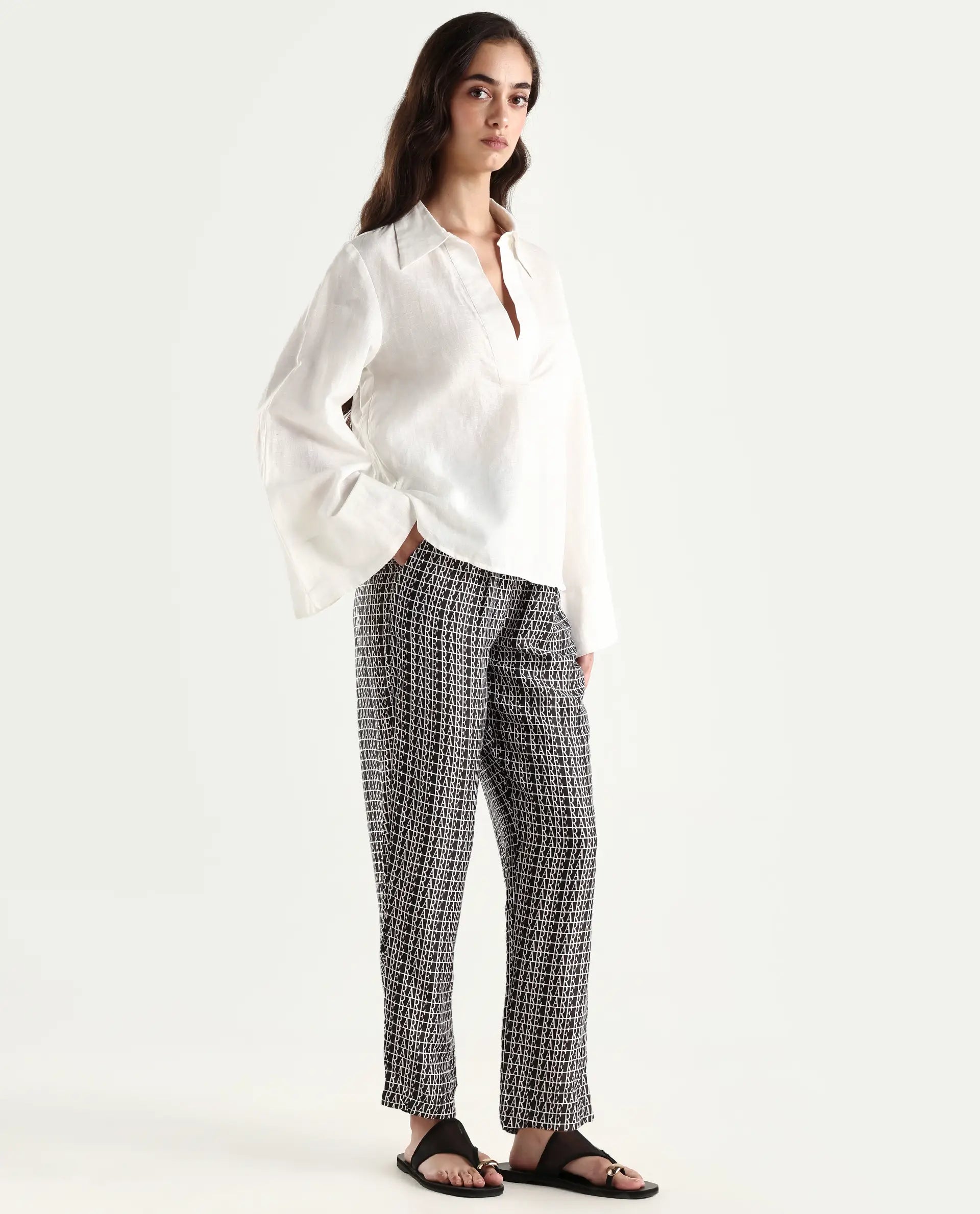 Rareism Women's Blakey Black Modal Blend Graphic Print Ankle Length Tailored Trouser