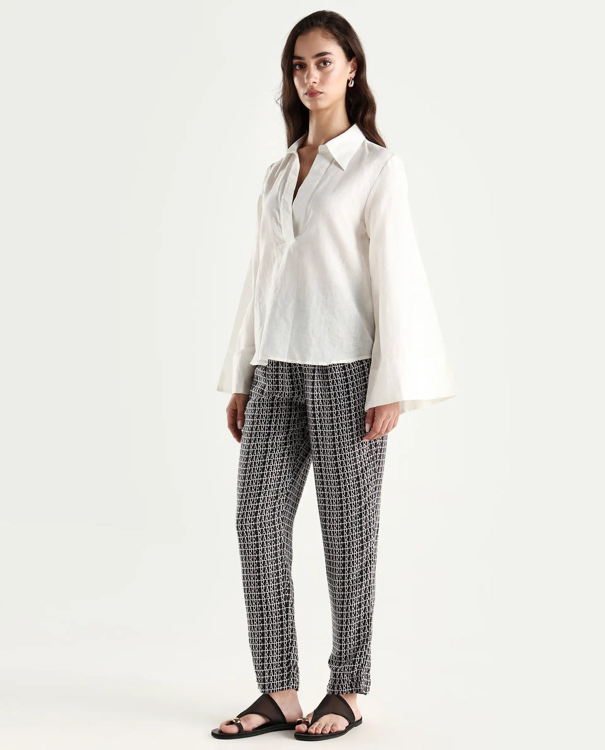 Rareism Women's Blakey Black Modal Blend Graphic Print Ankle Length Tailored Trouser