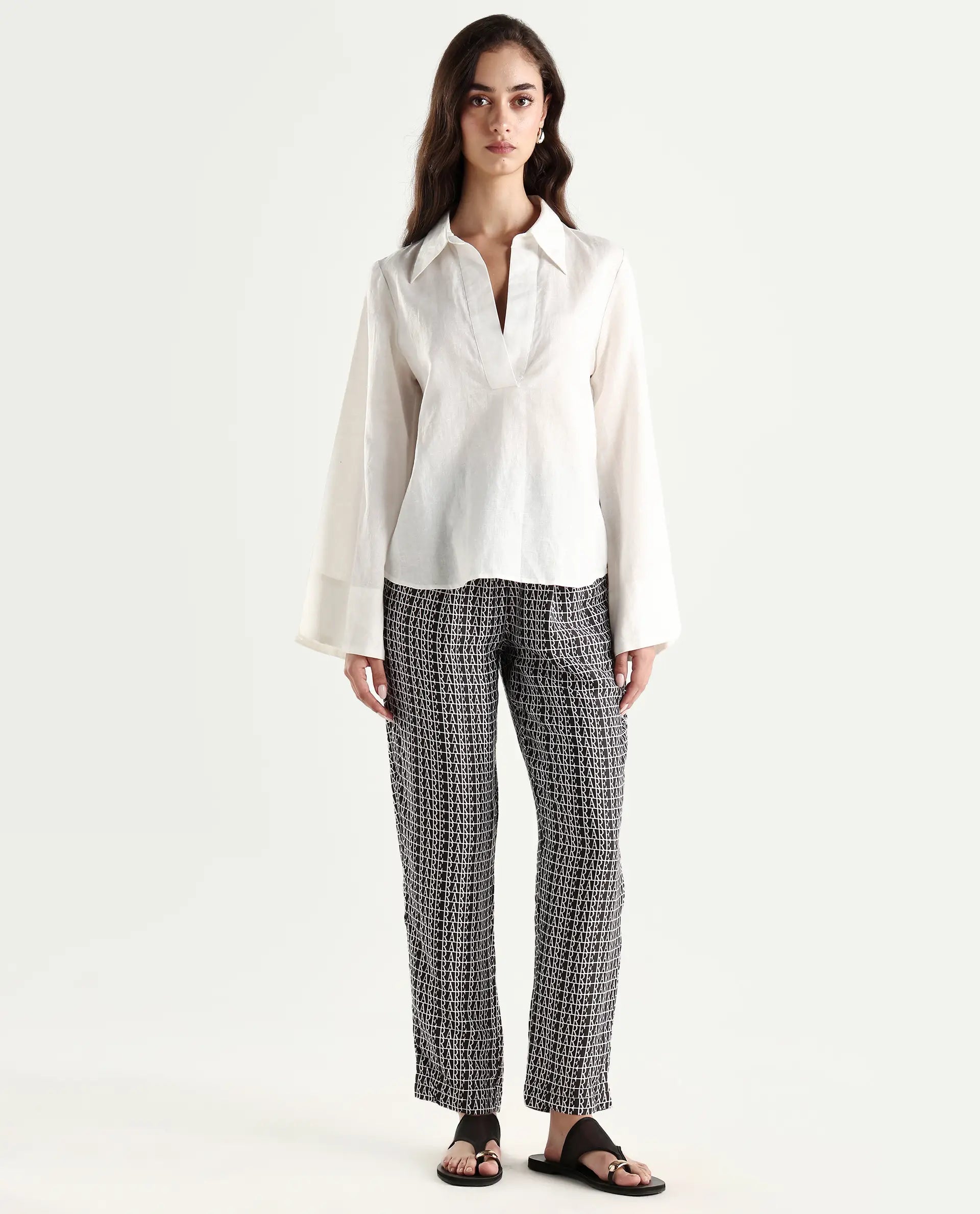 Rareism Women's Blakey Black Modal Blend Graphic Print Ankle Length Tailored Trouser