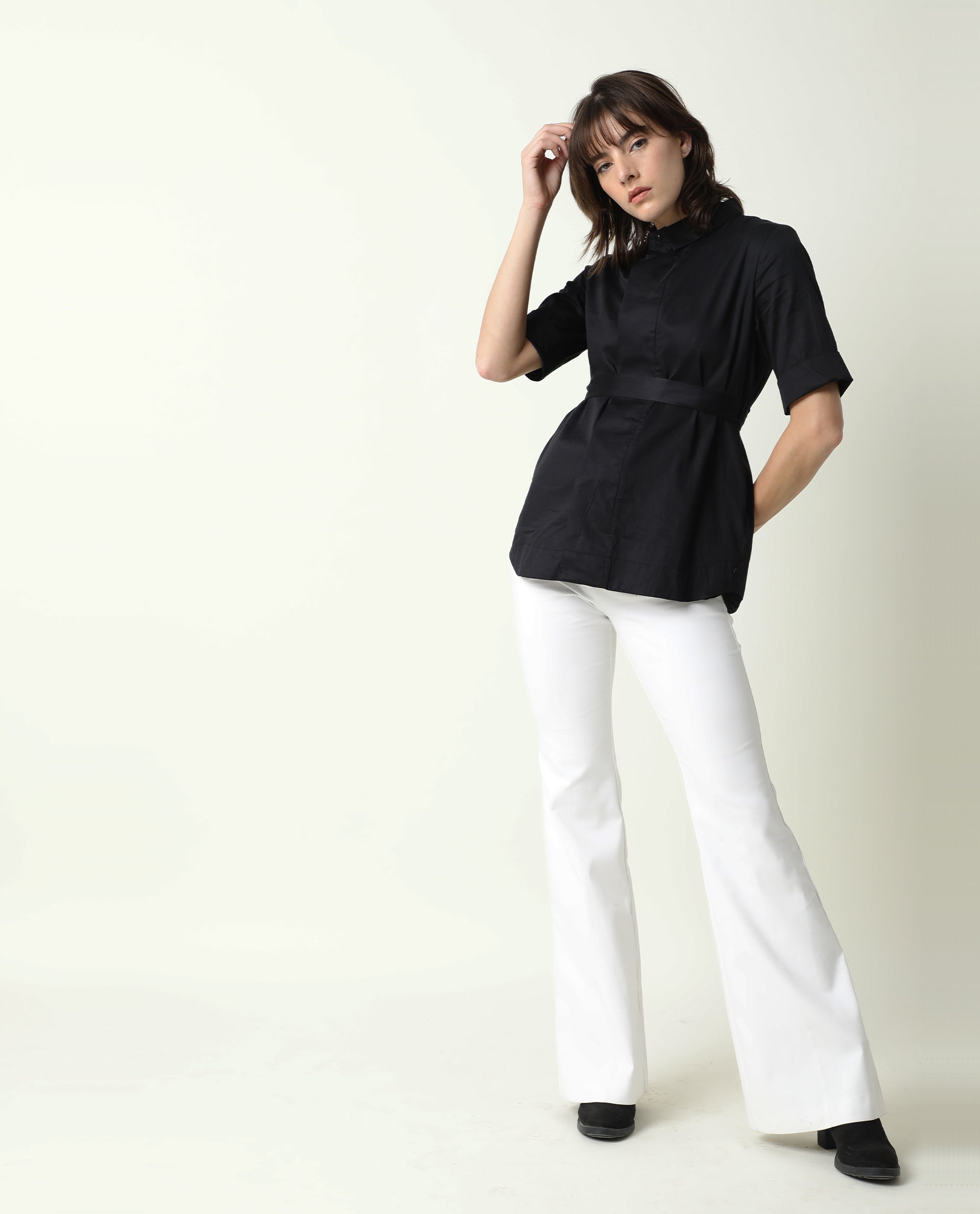 Rareism Women's Glitter Black Spread Collar Plain Knee Length Relaxed Fit Top