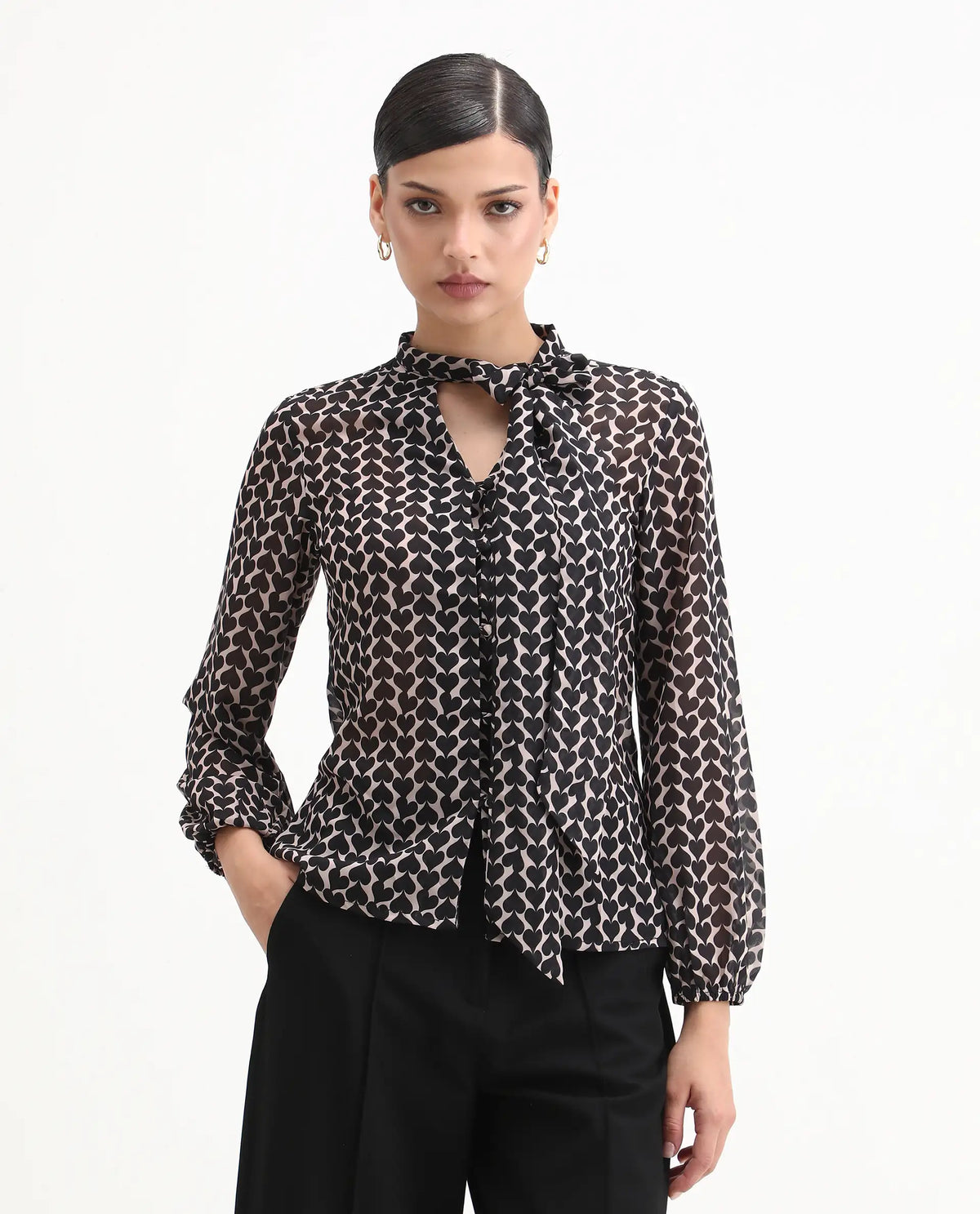 Rareism Women's Cavoi Multi Cotton Blend Tie-Up Neck Abstract Print Cuffed Sleeve Regular Fit Top