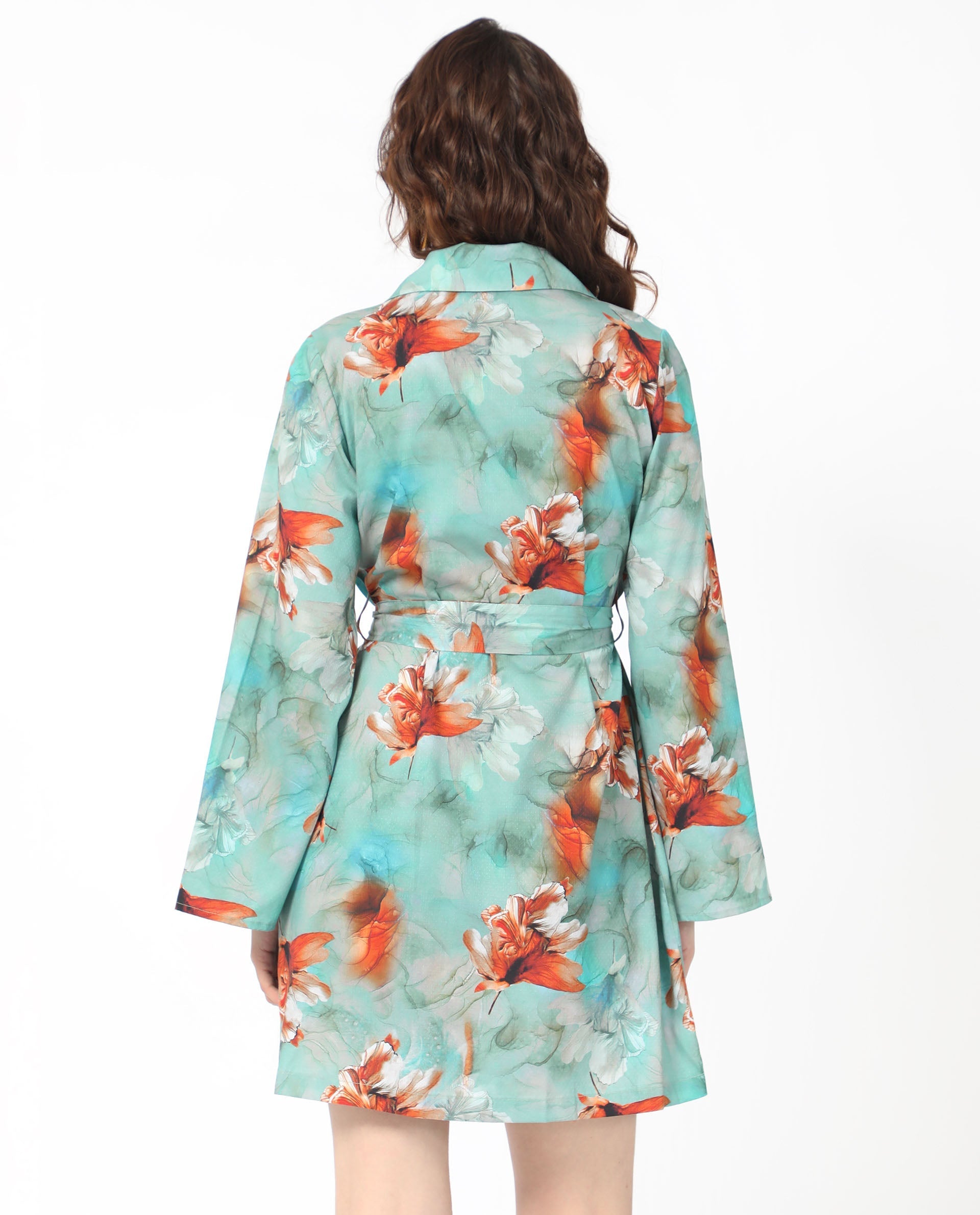 Rareism Women's Caden Blue Cotton Lapel Neck Abstract Print Bell Sleeve Mini Regular Fit Dress