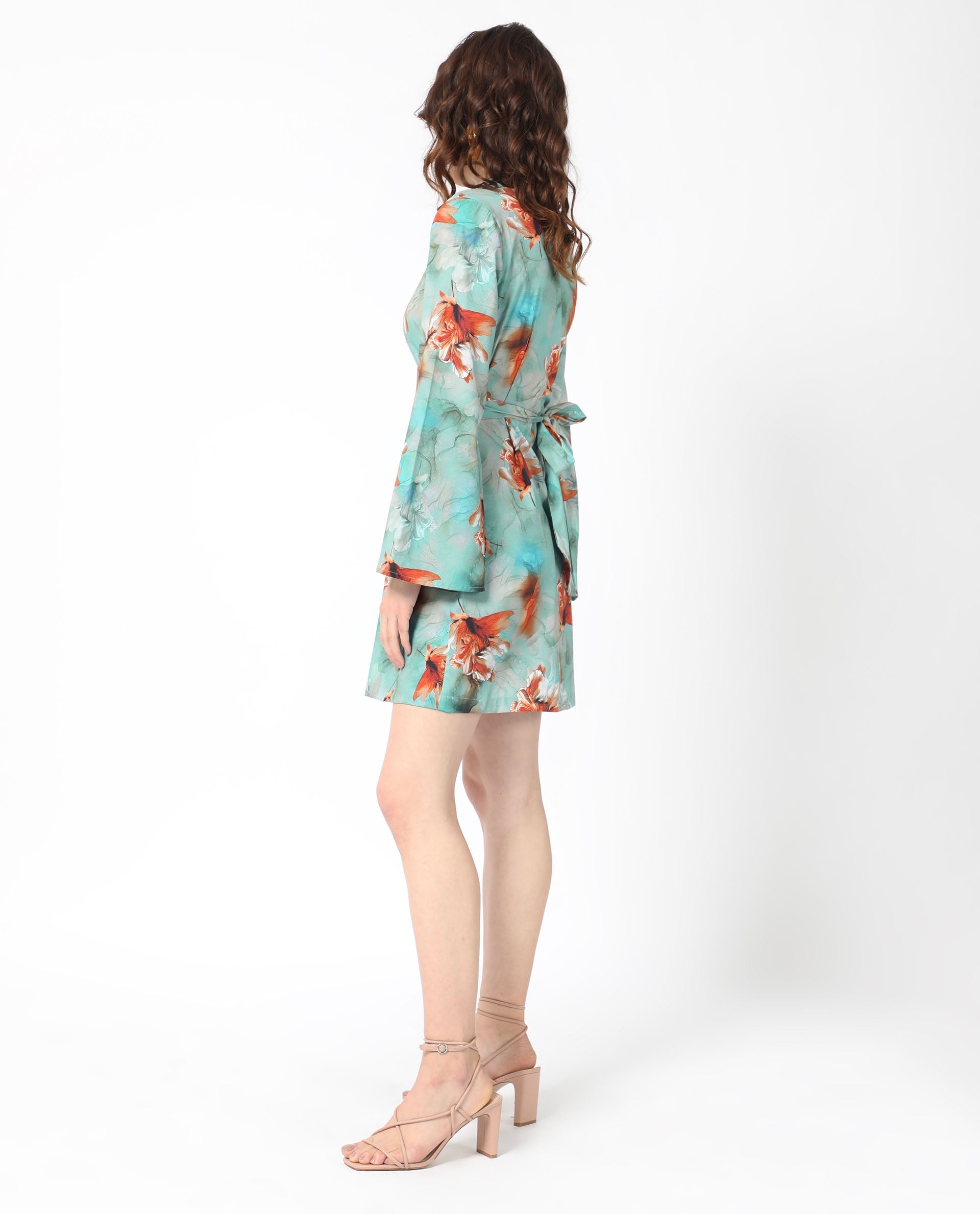 Rareism Women's Caden Blue Cotton Lapel Neck Abstract Print Bell Sleeve Mini Regular Fit Dress