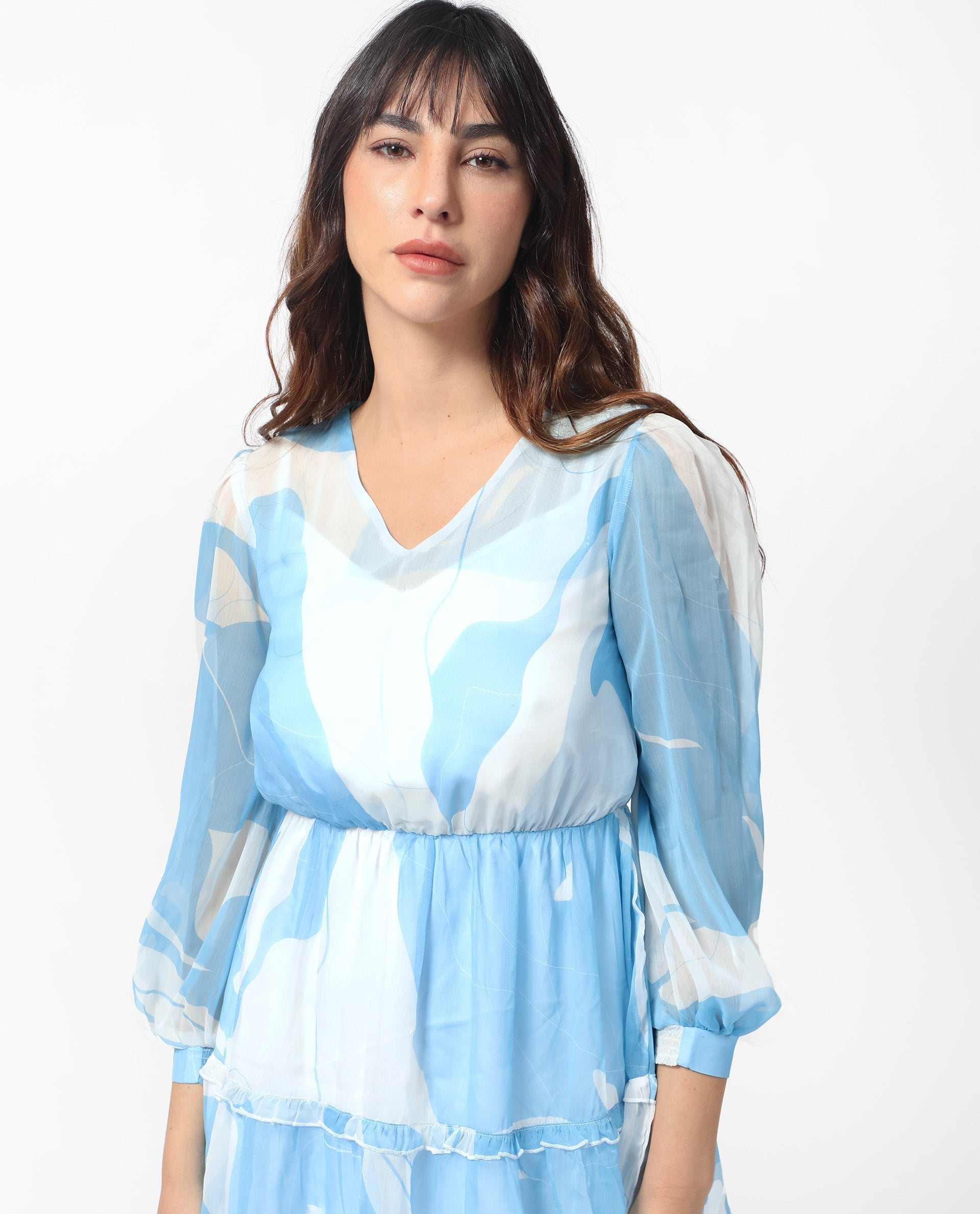 Rareism Women's Cadence Blue Polyester V-Neck Abstract Print Mini Regular Fit Dress