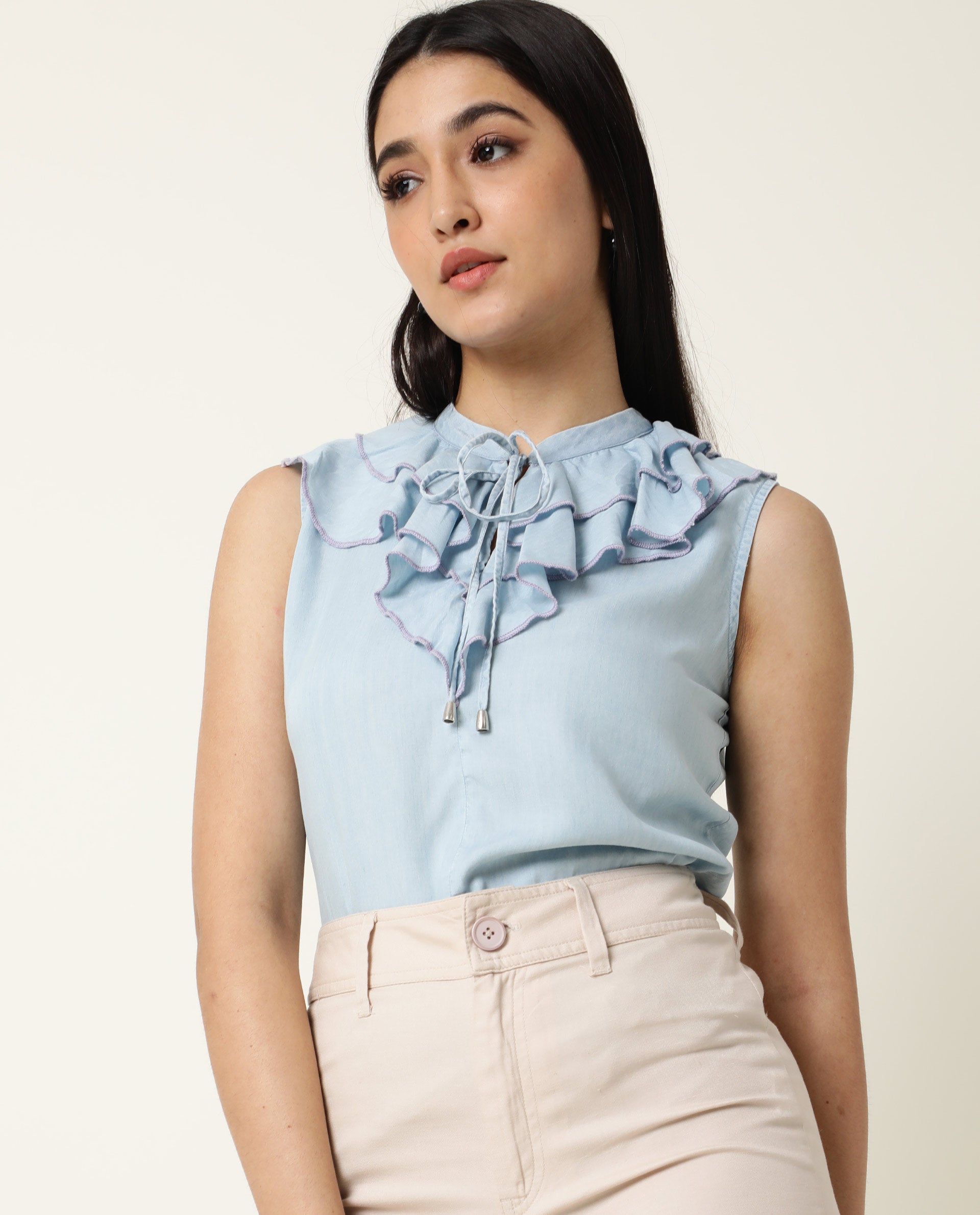 Rareism Women's Cage Blue Tencel Key Hole Neck Plain Sleeveless Tailored Top