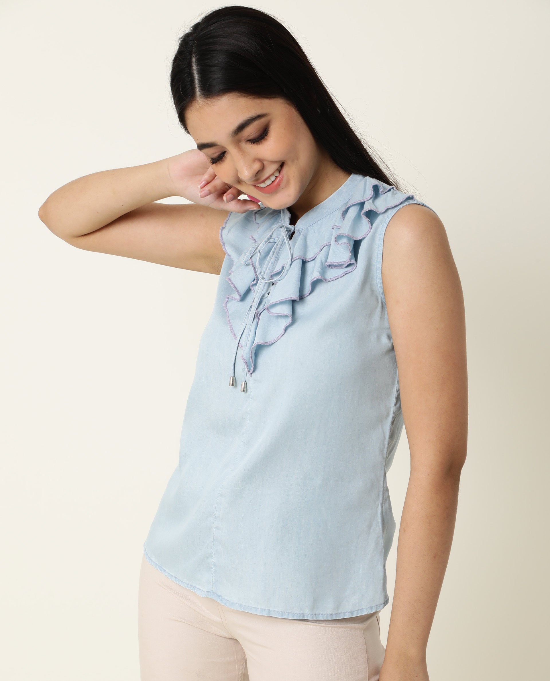 Rareism Women's Cage Blue Tencel Key Hole Neck Plain Sleeveless Tailored Top