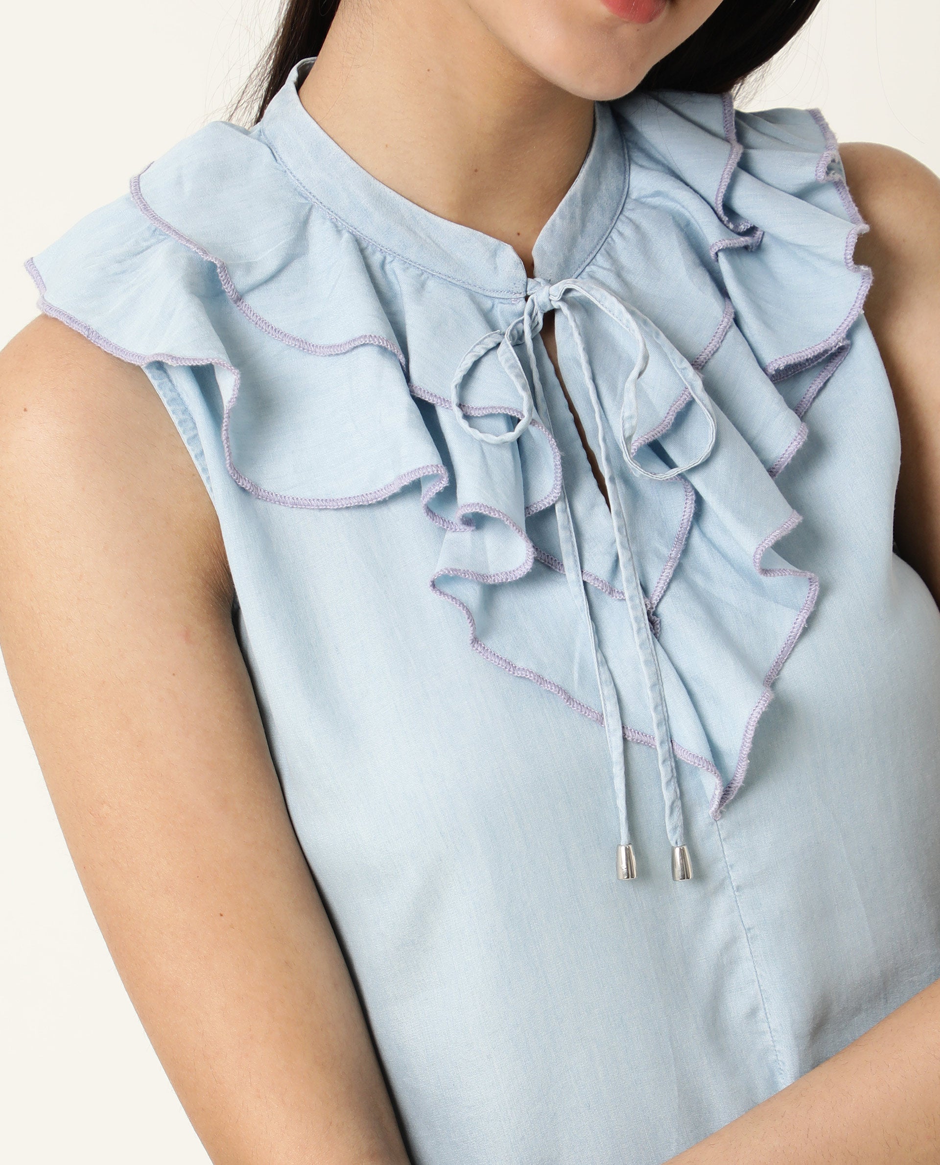 Rareism Women's Cage Blue Tencel Key Hole Neck Plain Sleeveless Tailored Top