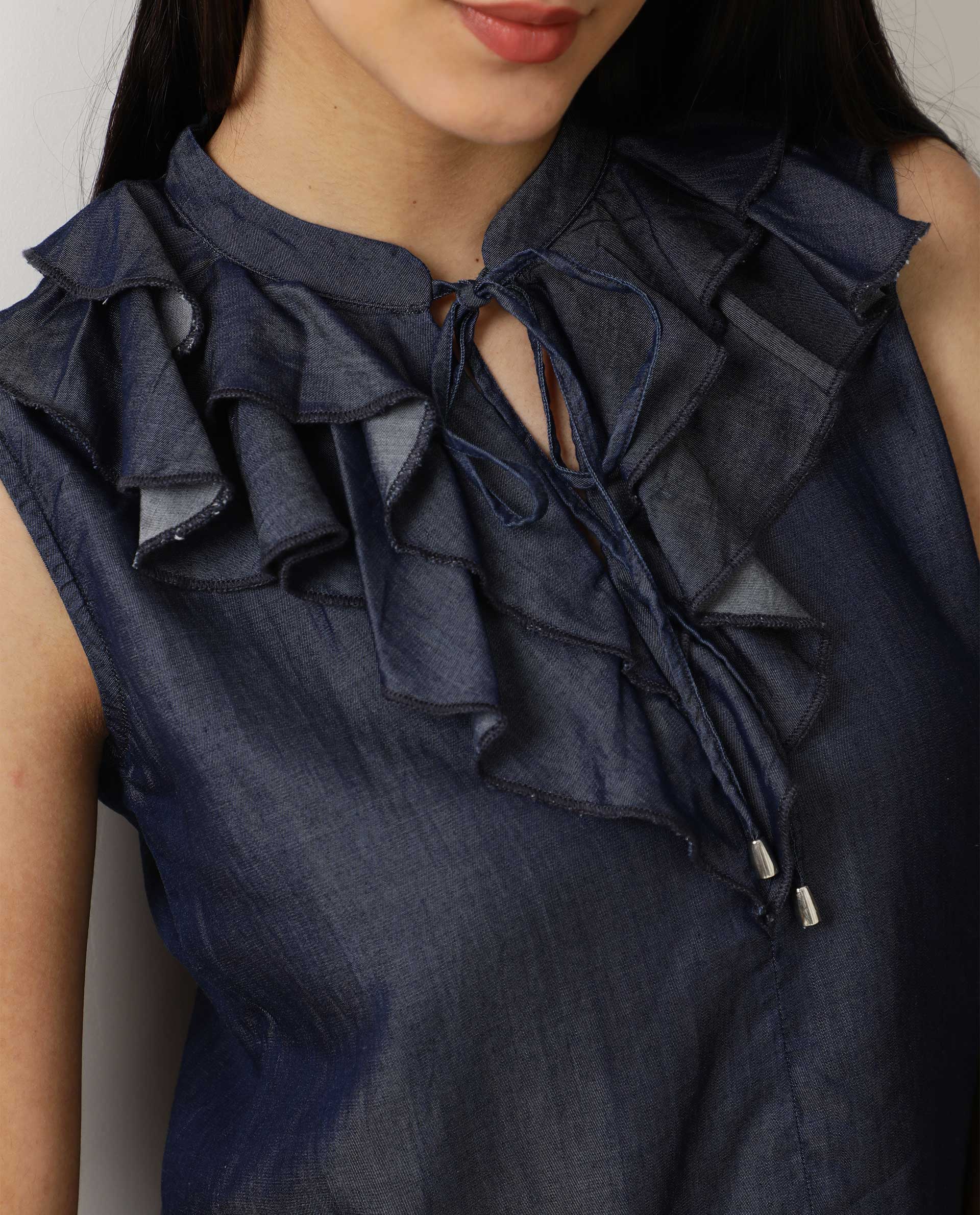Rareism Women's Cage Navy Tencel Key Hole Neck Plain Sleeveless Tailored Top
