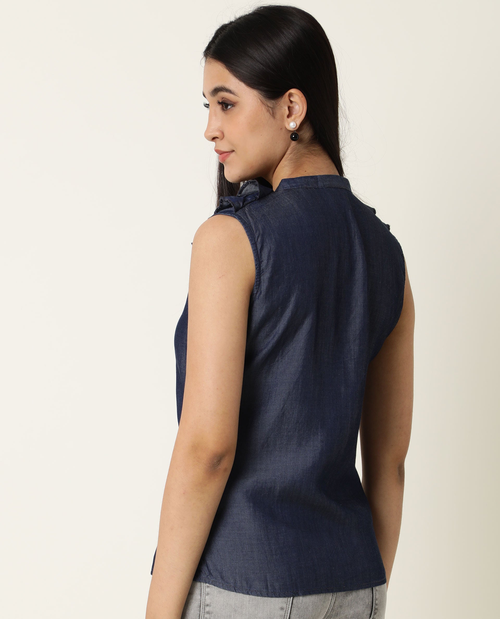 Rareism Women's Cage Navy Tencel Key Hole Neck Plain Sleeveless Tailored Top