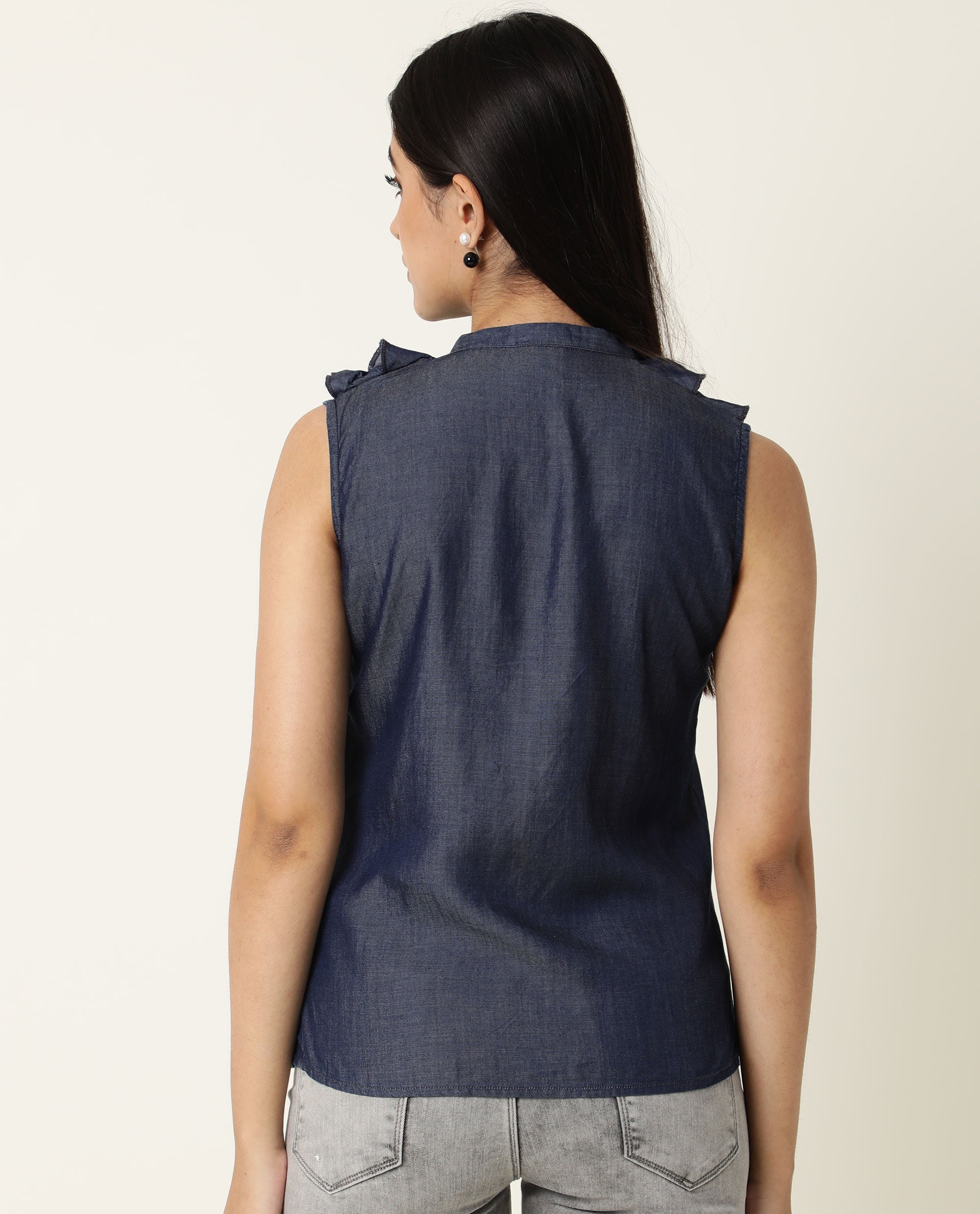 Rareism Women's Cage Navy Tencel Key Hole Neck Plain Sleeveless Tailored Top