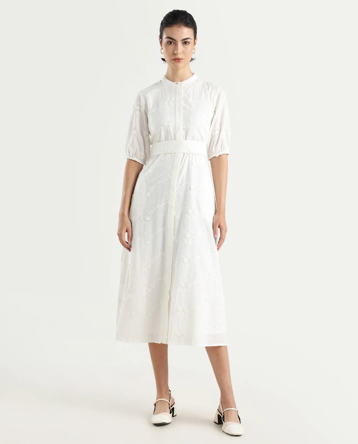 Rareism Women's Caledon White Round Neck Embroidered Puff Sleeves Midi A-Line Dress