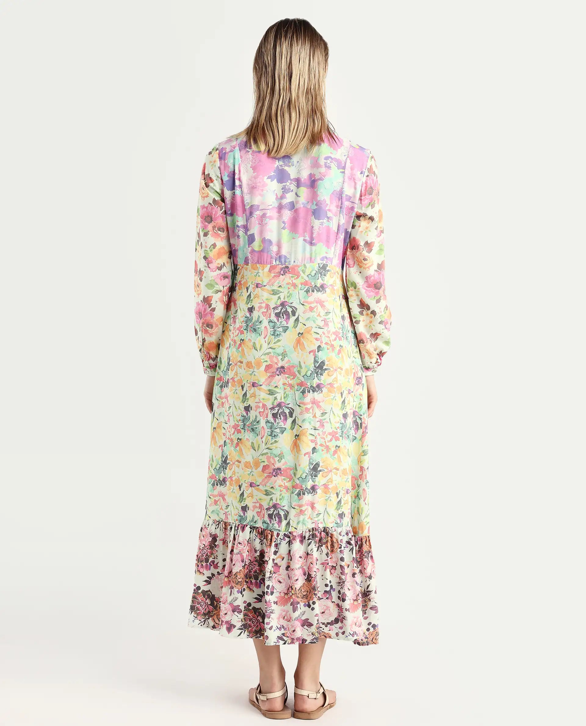 Rareism Women's Caliista Multi Viscose Spread Collar Floral Print Maxi Regular Fit Dress