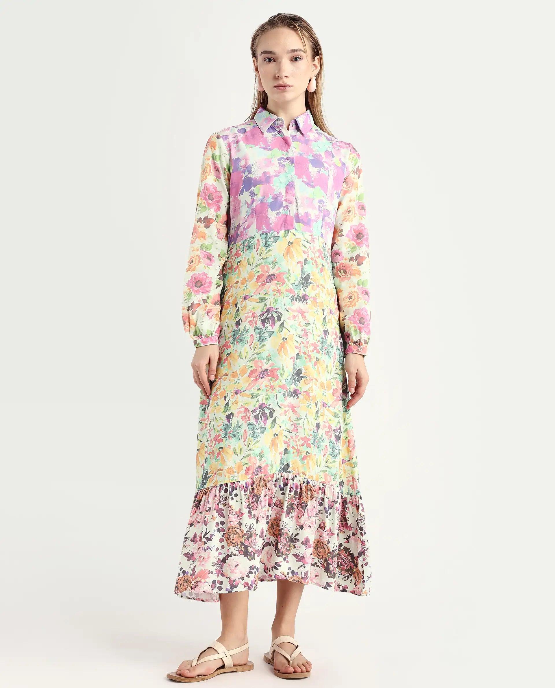 Rareism Women's Caliista Multi Viscose Spread Collar Floral Print Maxi Regular Fit Dress