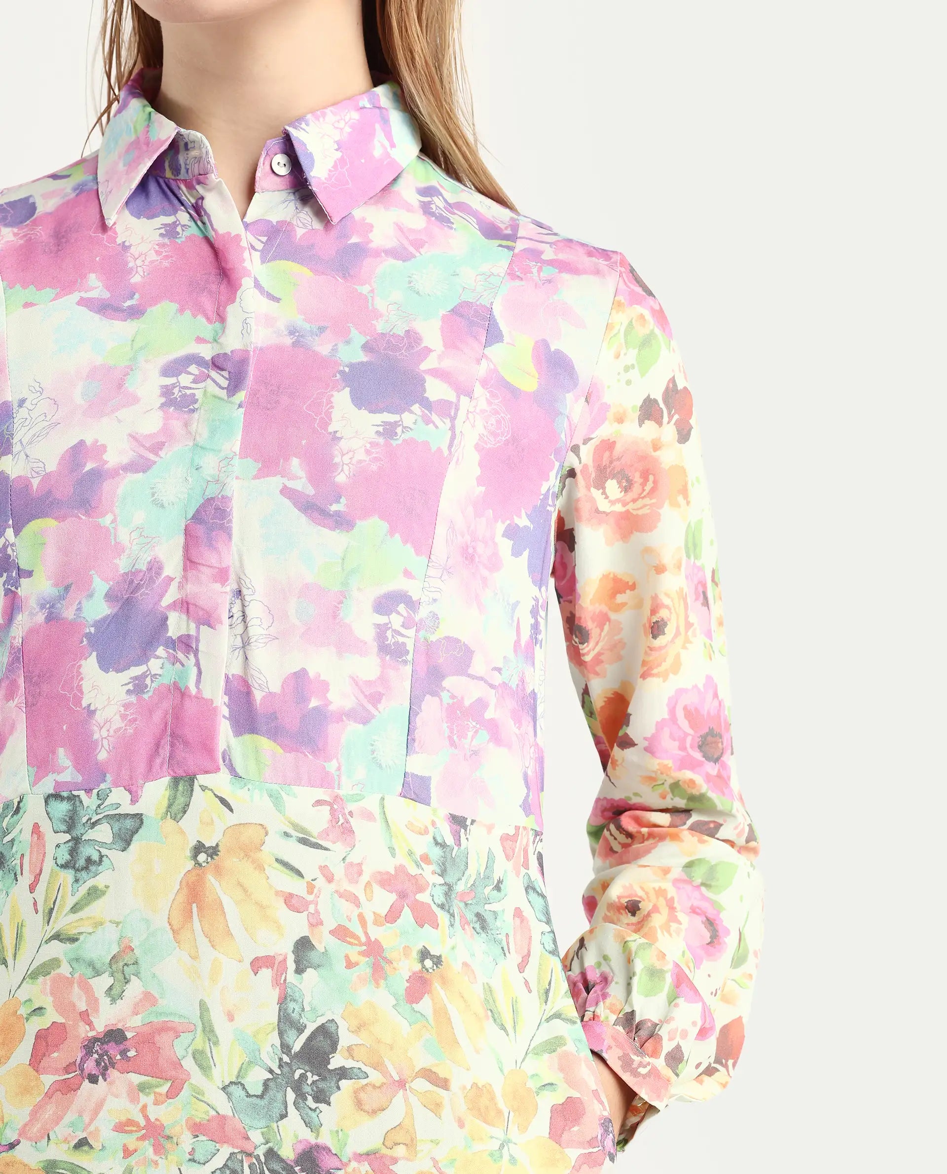 Rareism Women's Caliista Multi Viscose Spread Collar Floral Print Maxi Regular Fit Dress