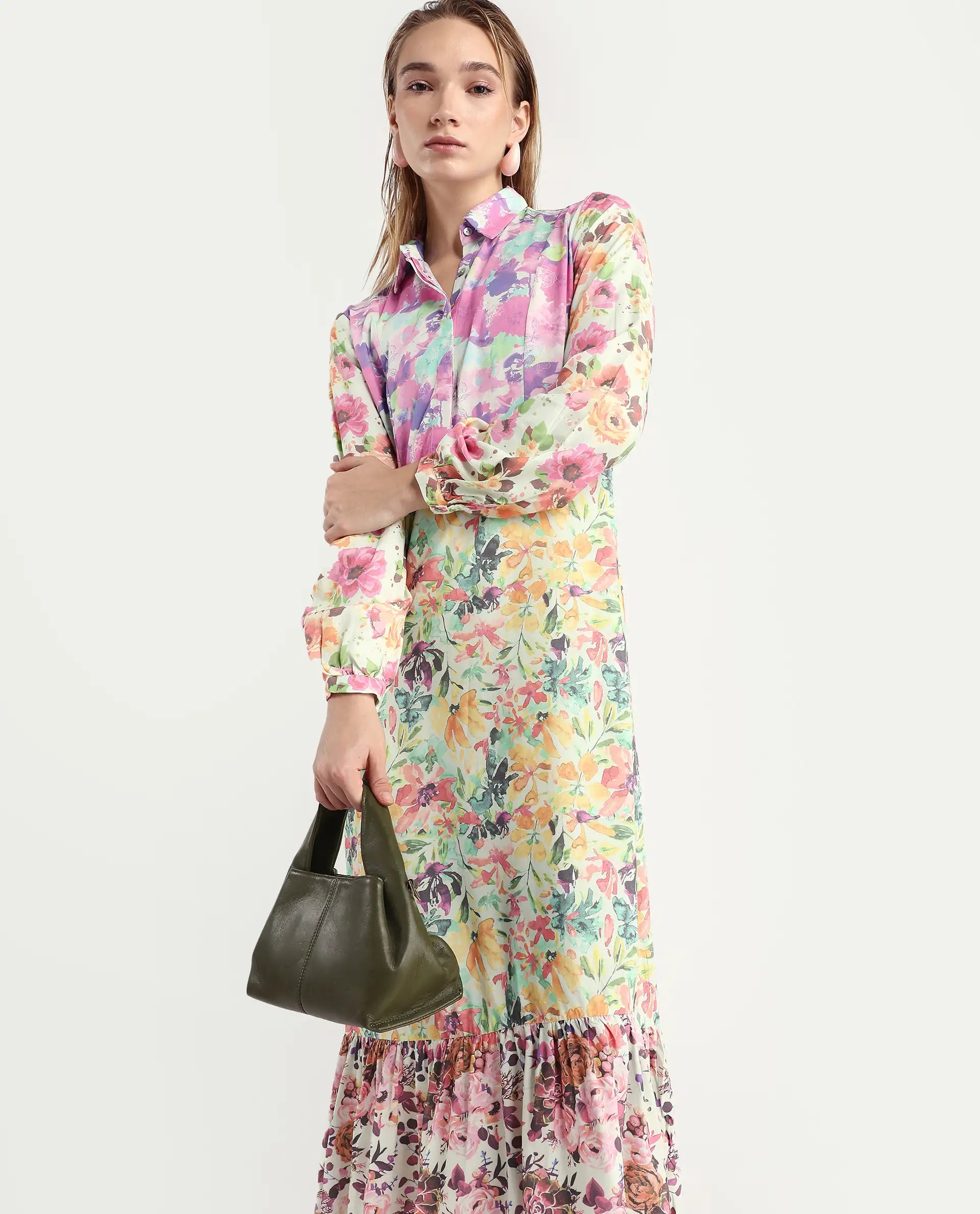 Rareism Women's Caliista Multi Viscose Spread Collar Floral Print Maxi Regular Fit Dress