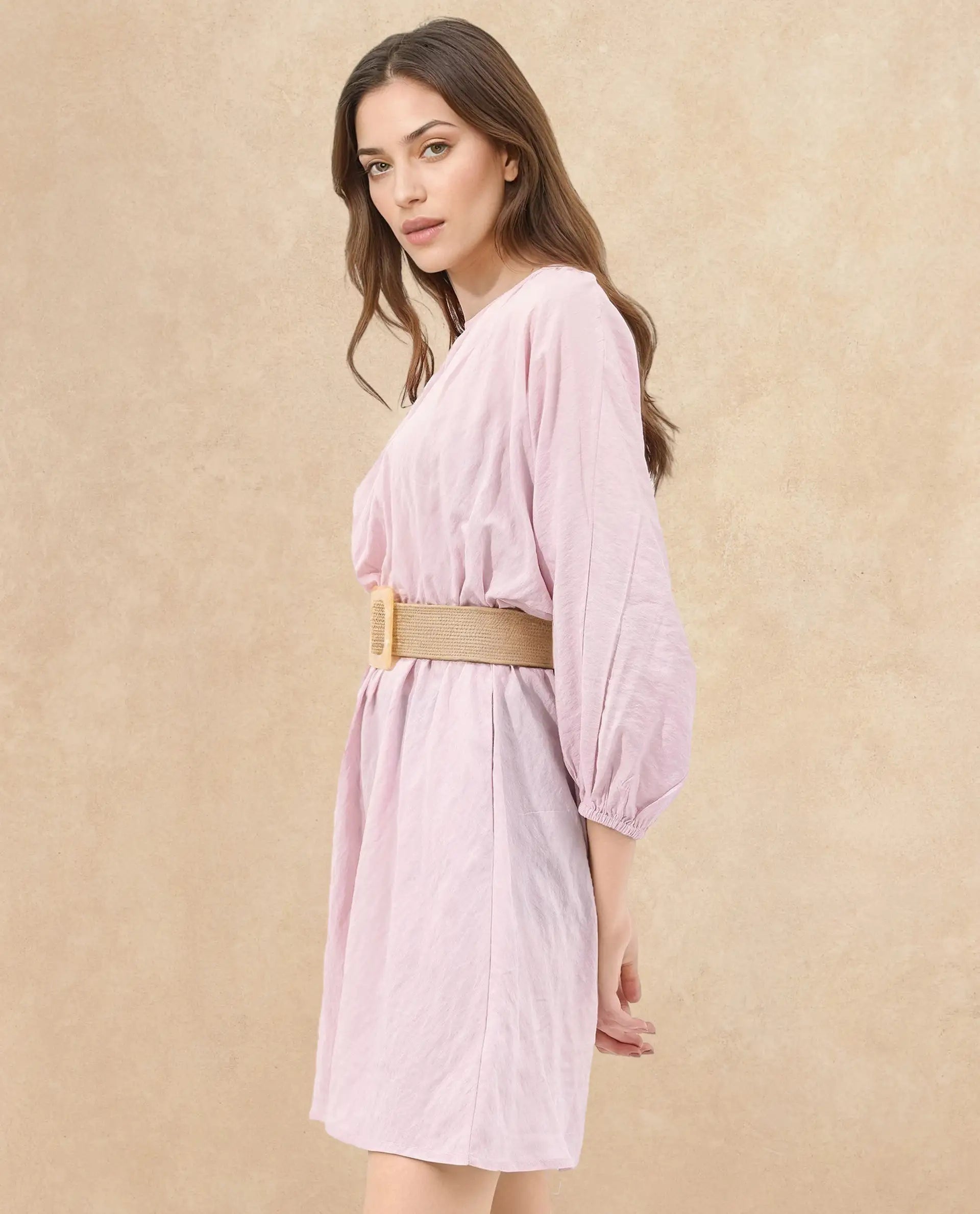 Rareism Women's Callahan Pastel Purple Rayon Crew Neck Plain Extended Sleeves Mini Fit And Flare Dress