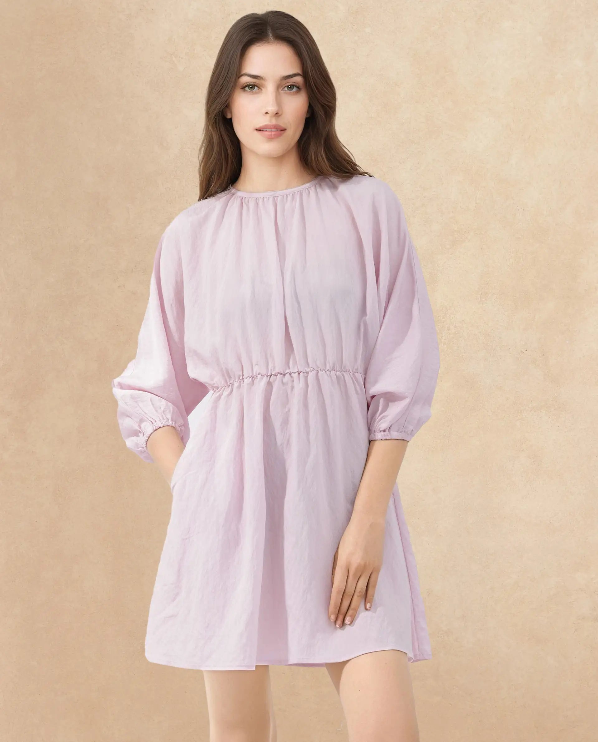 Rareism Women's Callahan Pastel Purple Rayon Crew Neck Plain Extended Sleeves Mini Fit And Flare Dress