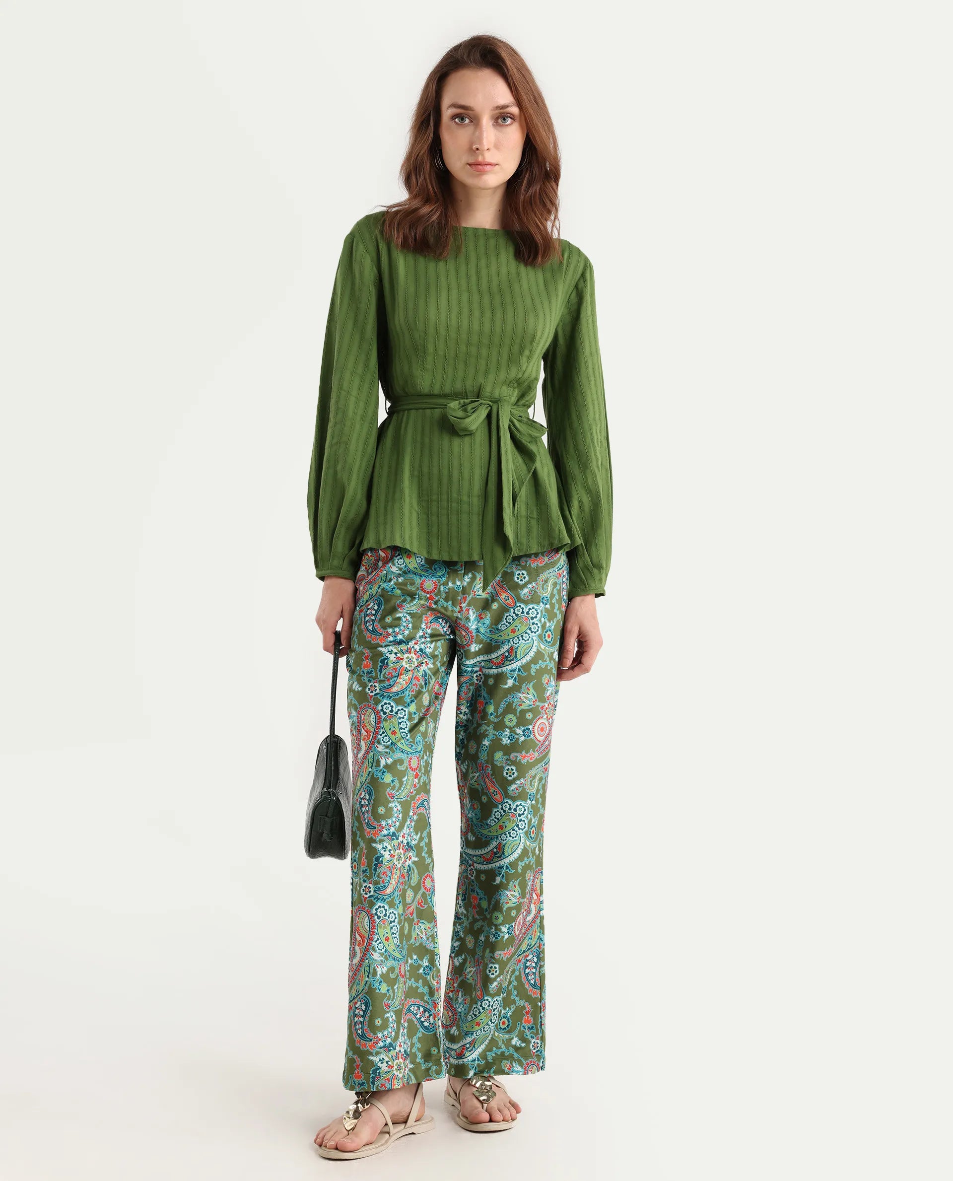 Rareism Women's Camder B Multi Velvet Paisley Print Ankle Length Bootcut Trouser