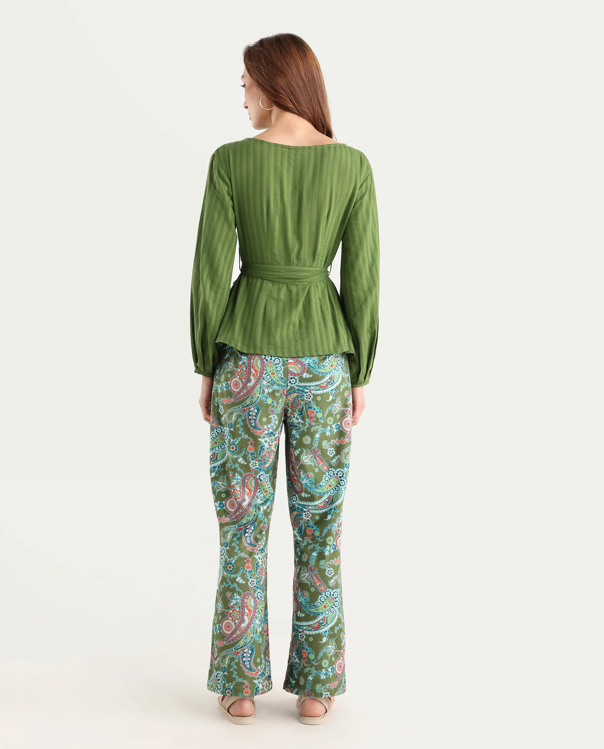 Rareism Women's Camder B Multi Velvet Paisley Print Ankle Length Bootcut Trouser