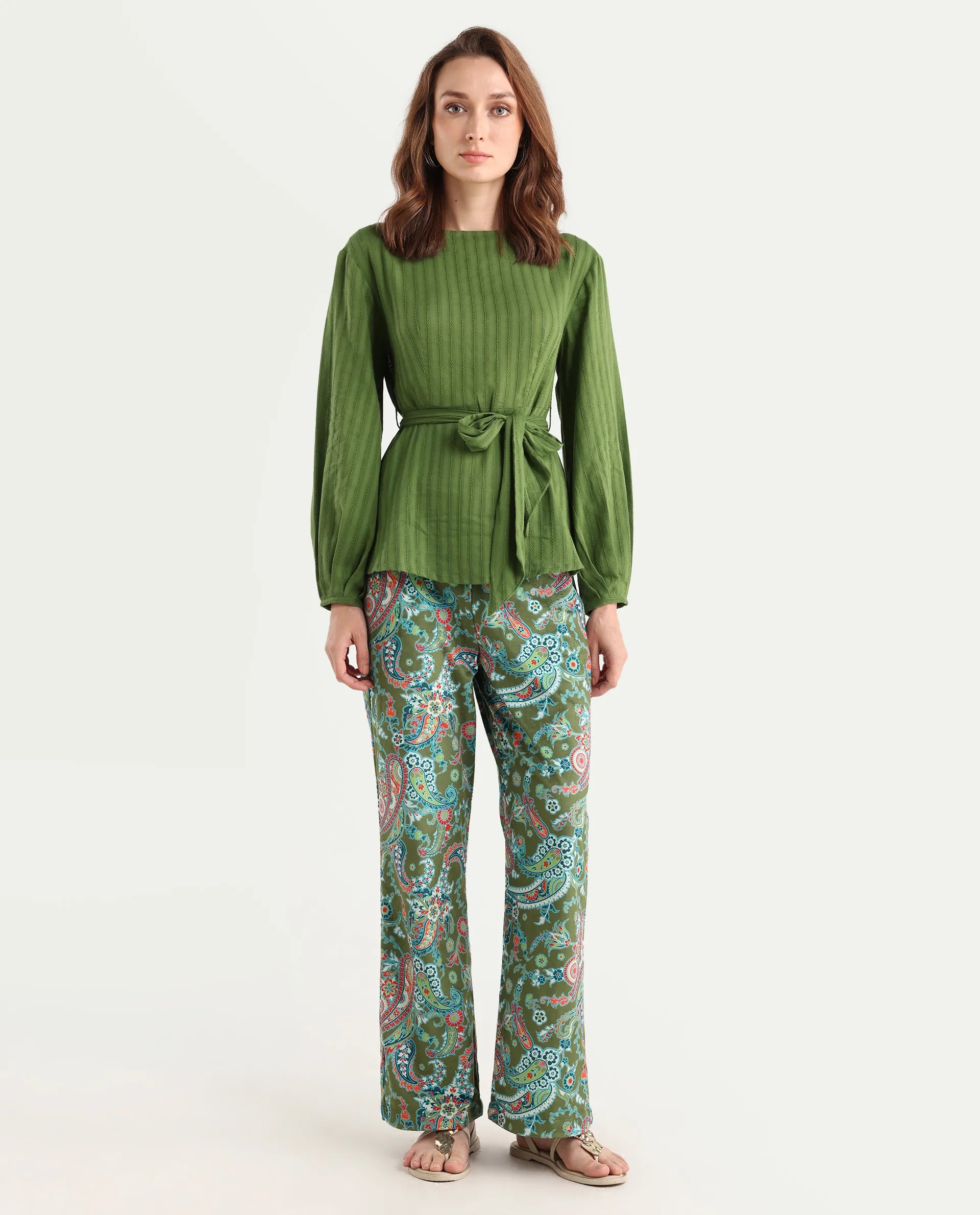 Rareism Women's Camder B Multi Velvet Paisley Print Ankle Length Bootcut Trouser