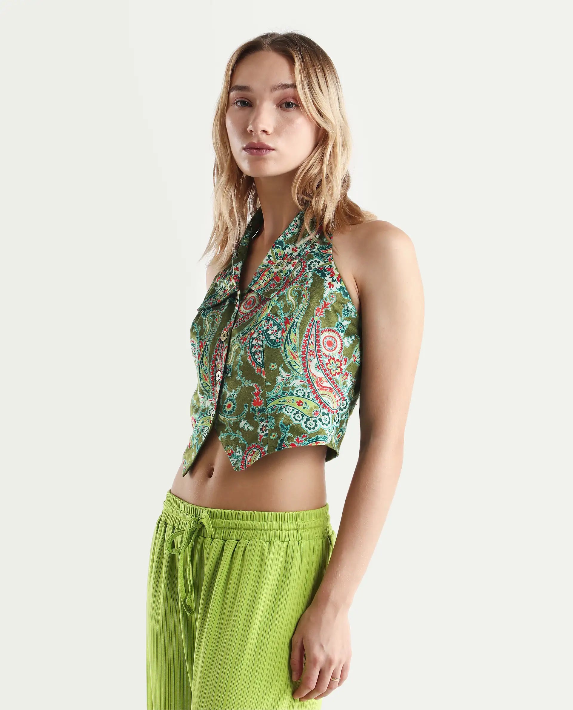 Rareism Women's Camder Multi Velvet Halter Neck Paisley Print Sleeveless Crop Polyester Waist Coat