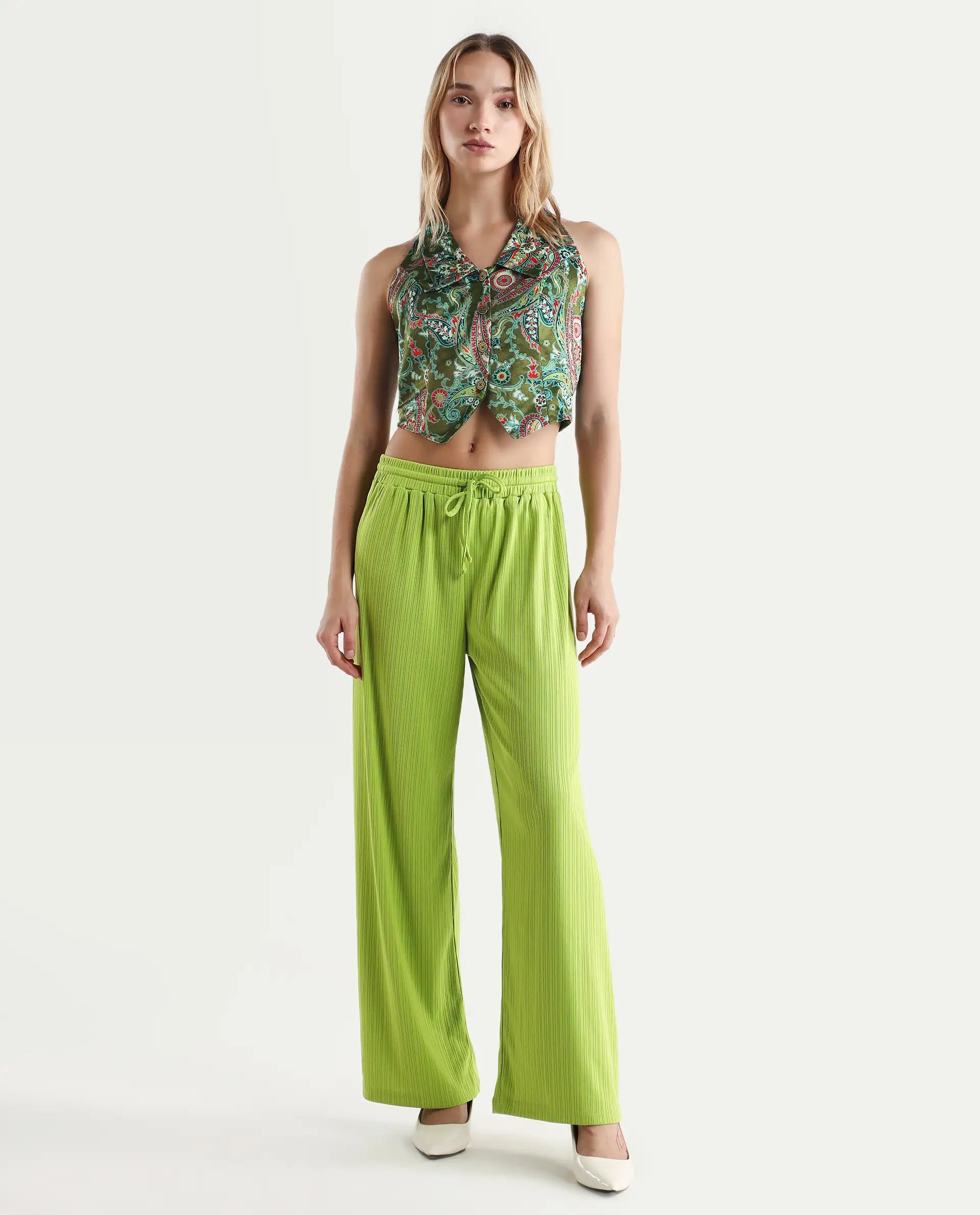 Rareism Women's Camder Multi Velvet Halter Neck Paisley Print Sleeveless Crop Polyester Waist Coat