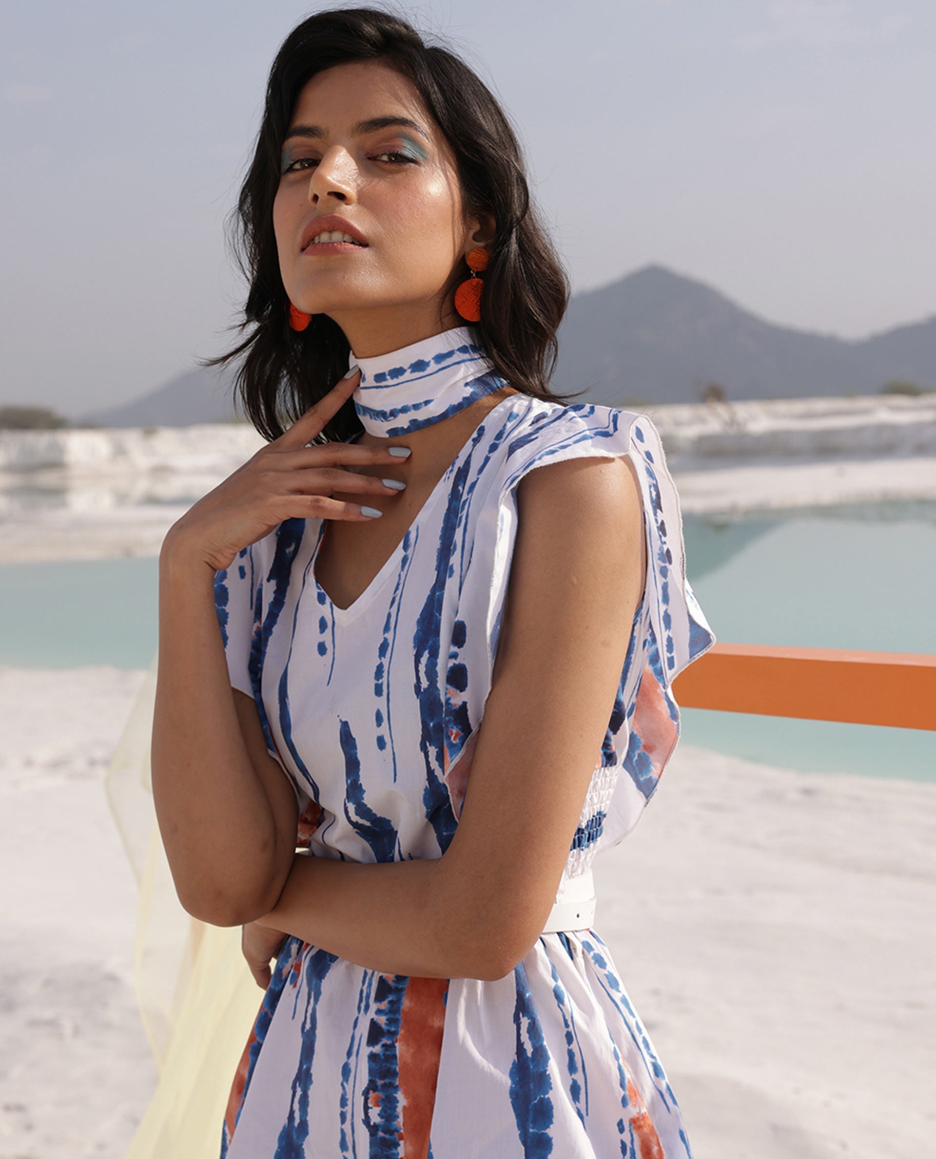 Rareism Women Camera Off White Cotton Fabric Regular Fit V-Neck Solid Playsuit