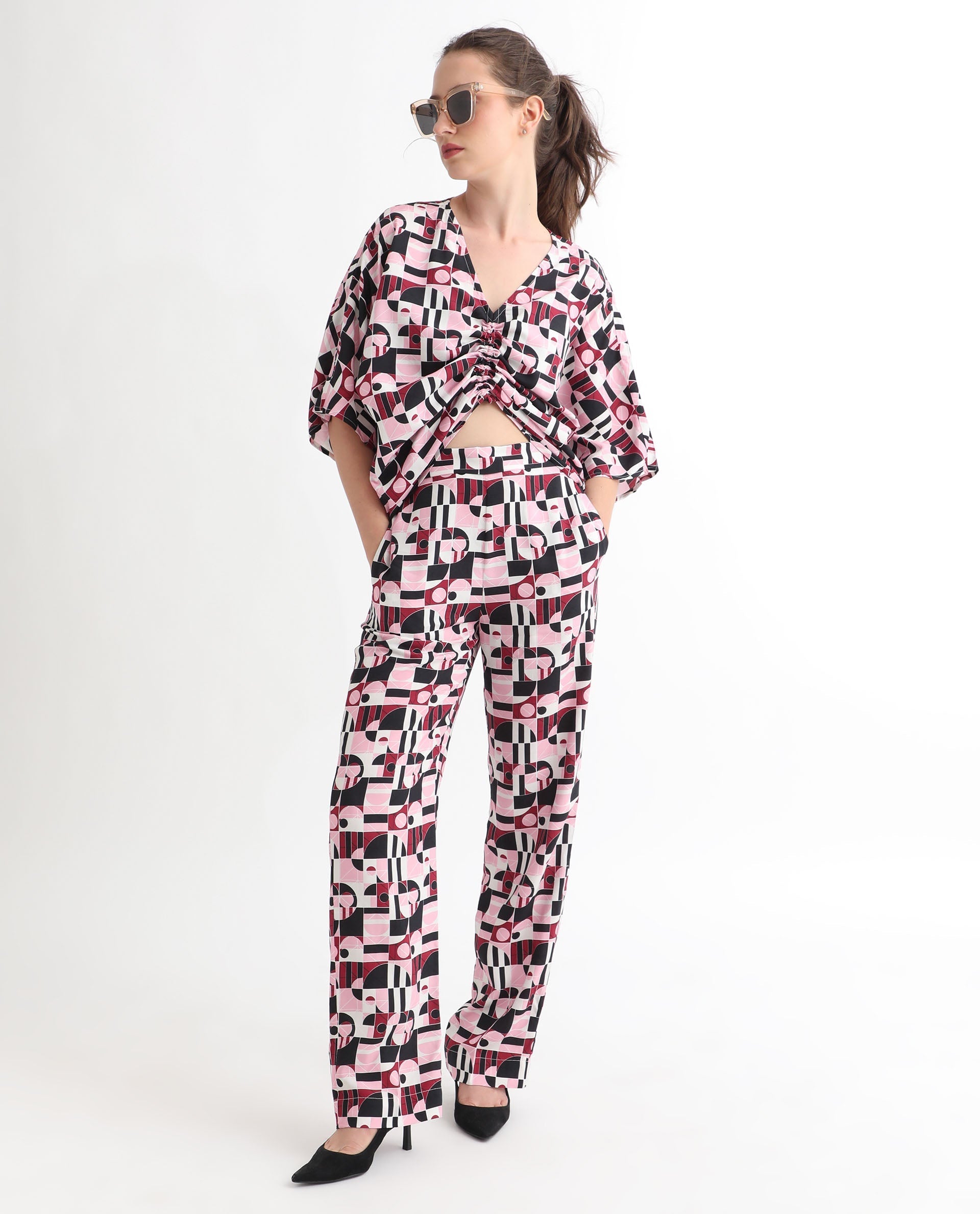 Rareism Women's Cameron Multi Viscose Abstract Print Ankle Length Relaxed Fit Trouser