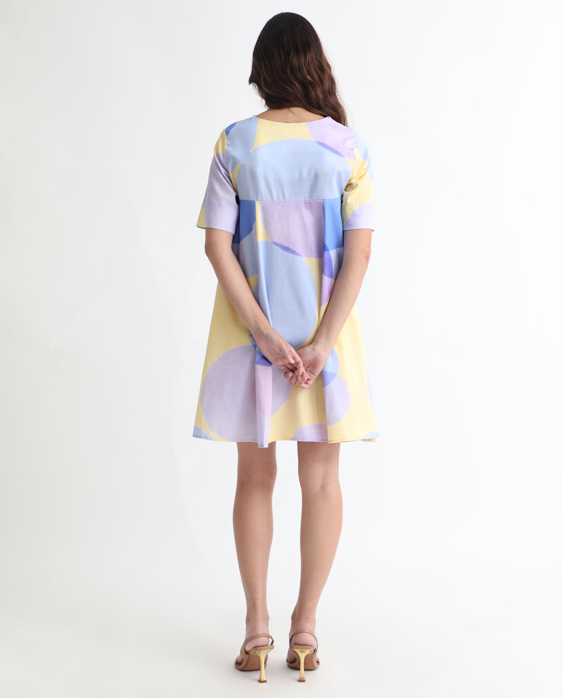 Rareism Women's Campbell Yellow Cotton Overlap Neck Abstract Print Knee Length Flared Dress