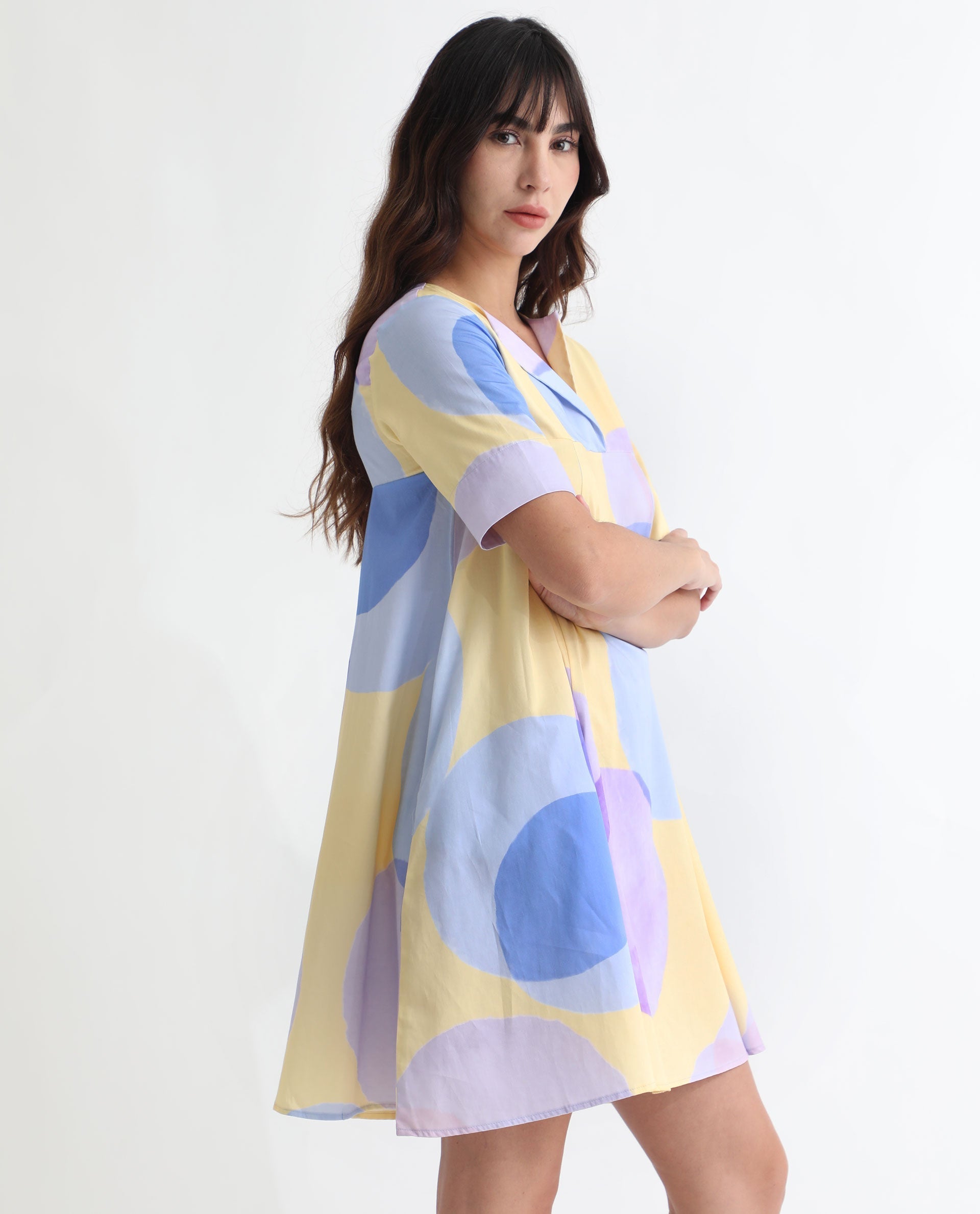 Rareism Women's Campbell Yellow Cotton Overlap Neck Abstract Print Knee Length Flared Dress