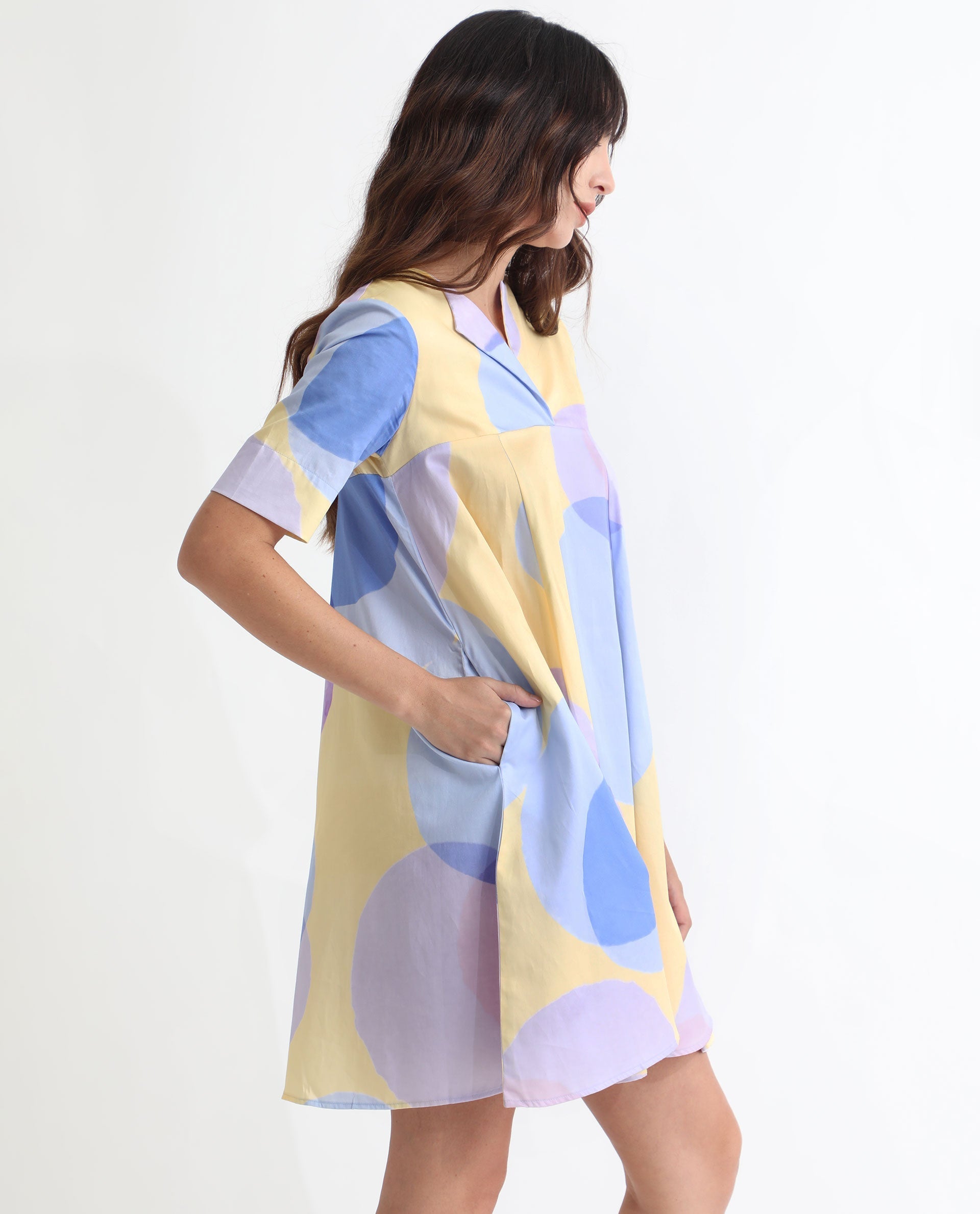 Rareism Women's Campbell Yellow Cotton Overlap Neck Abstract Print Knee Length Flared Dress