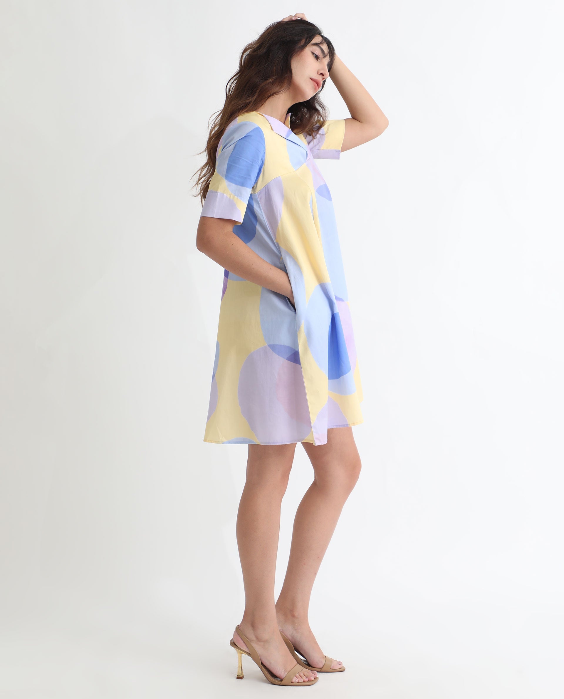 Rareism Women's Campbell Yellow Cotton Overlap Neck Abstract Print Knee Length Flared Dress