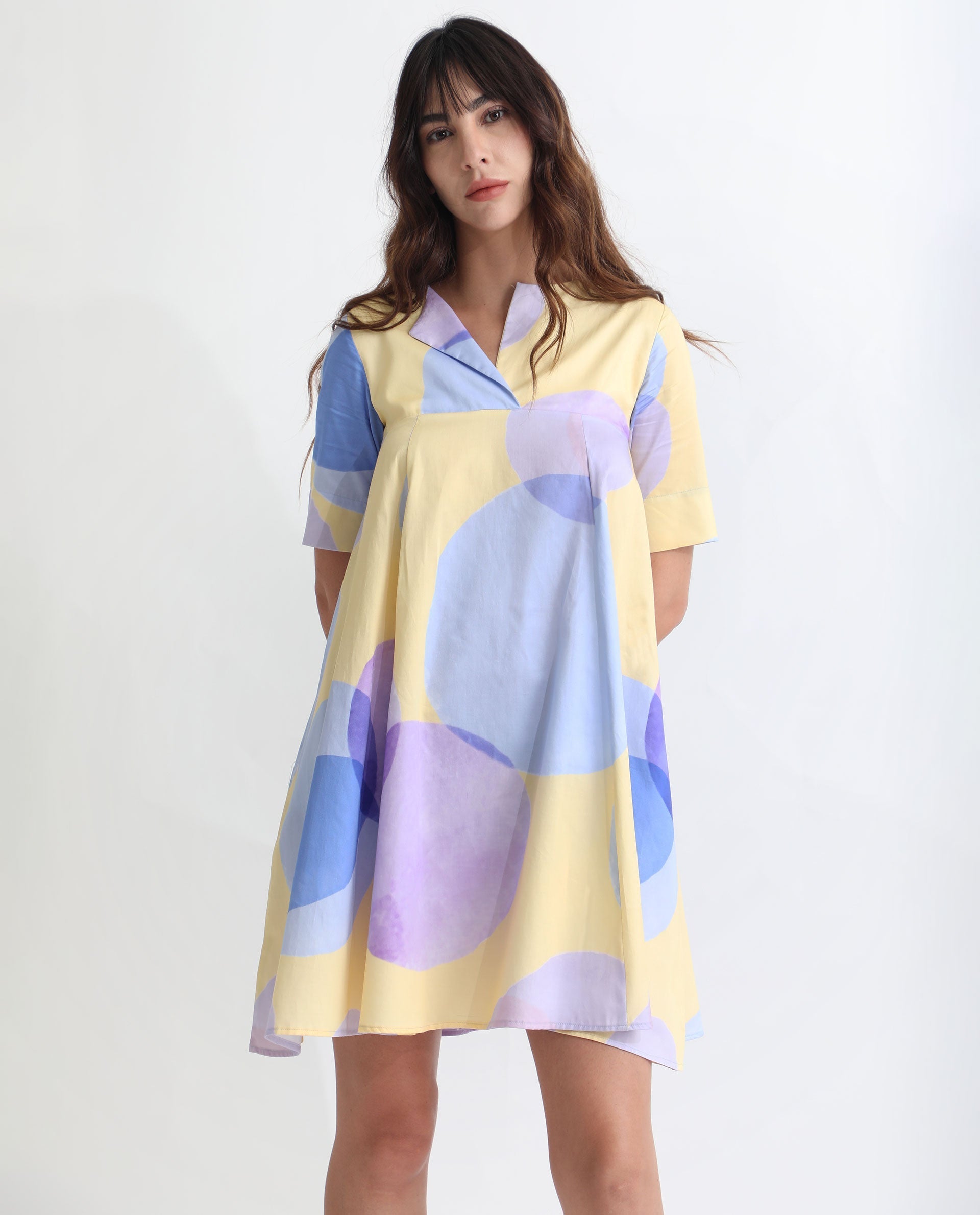 Rareism Women's Campbell Yellow Cotton Overlap Neck Abstract Print Knee Length Flared Dress