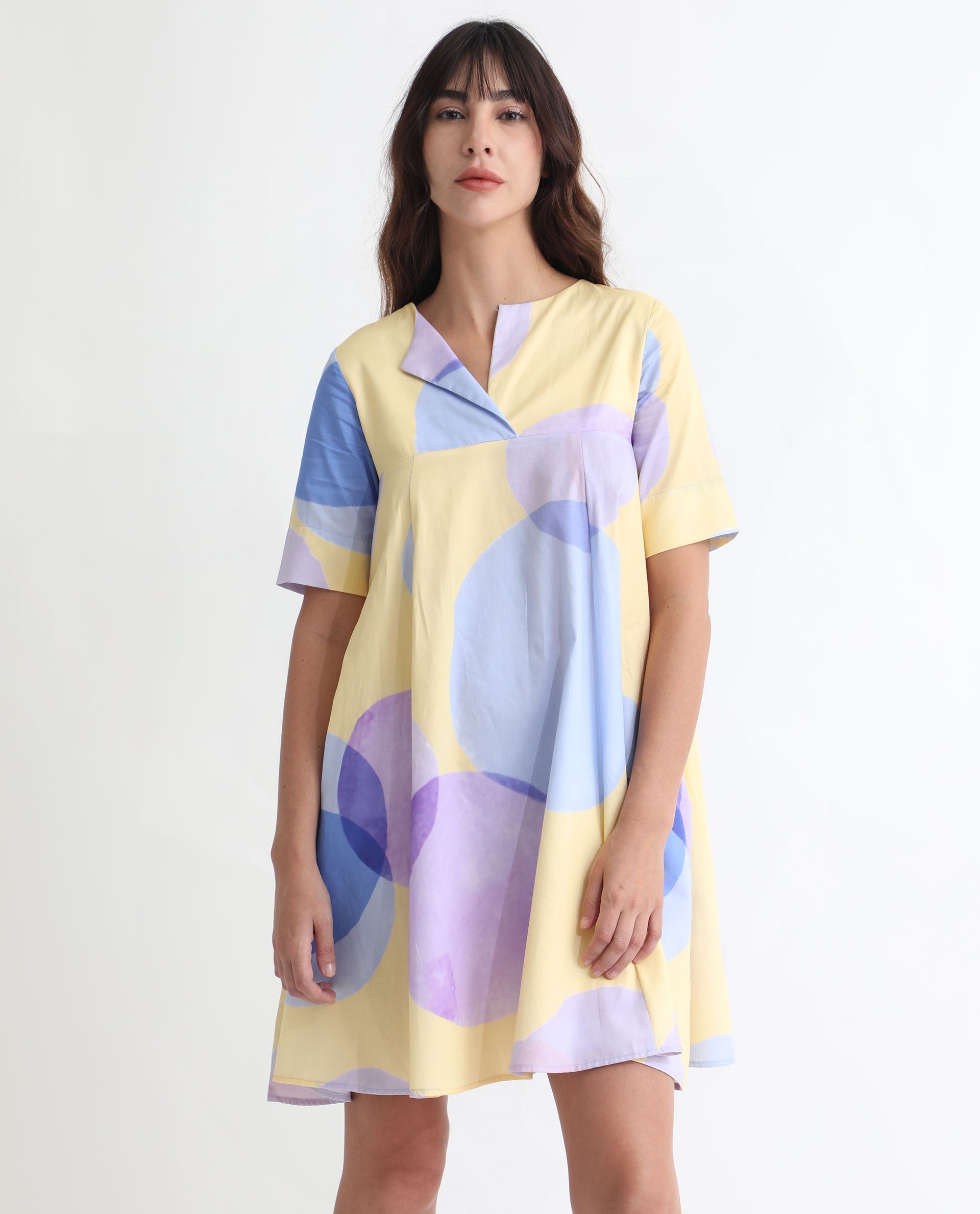 Rareism Women's Campbell Yellow Cotton Overlap Neck Abstract Print Knee Length Flared Dress