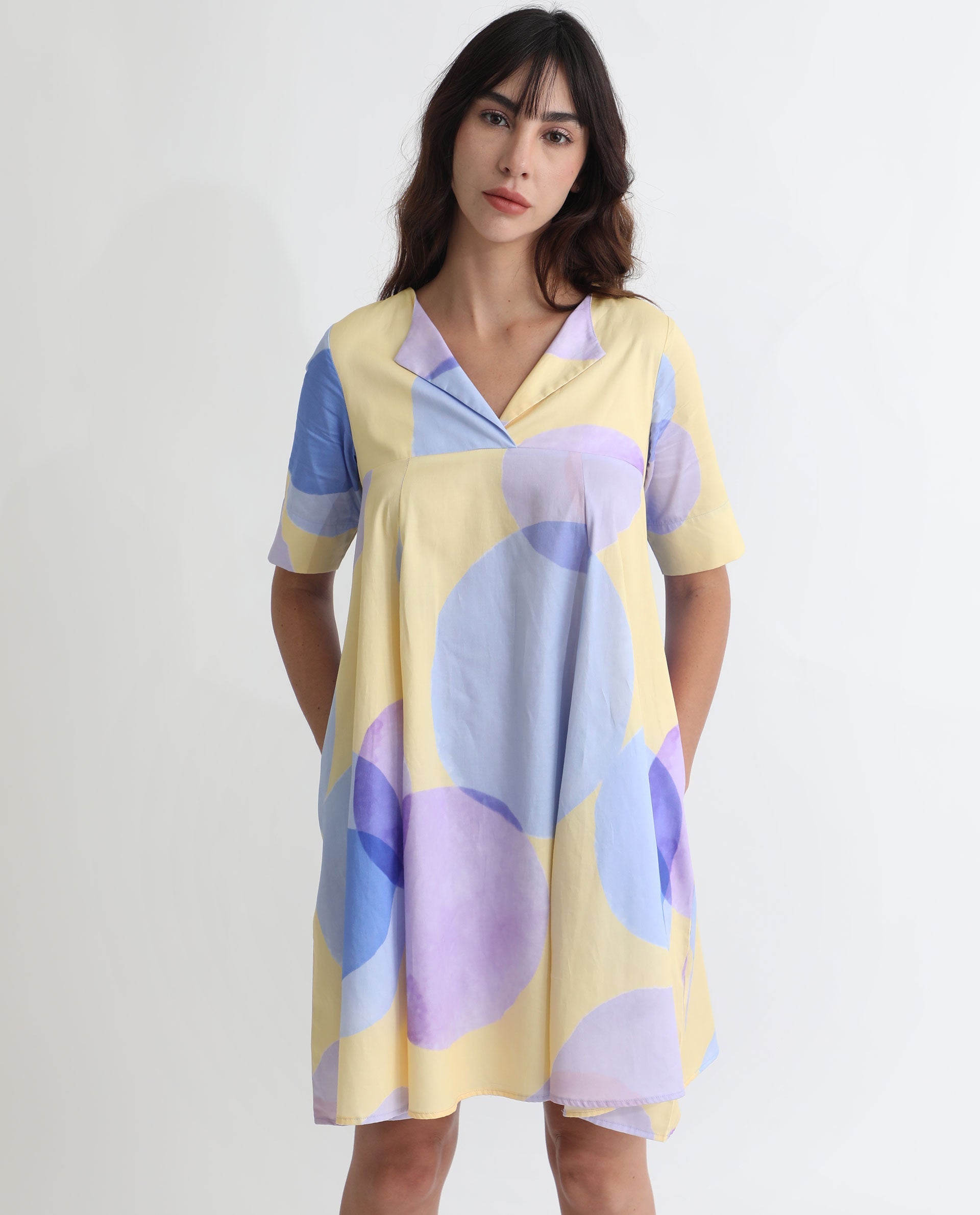 Rareism Women Campbell Yellow Cotton Fabric Short Sleeves Over Lap Flared Fit Abstract Print Knee Length Empire Dress