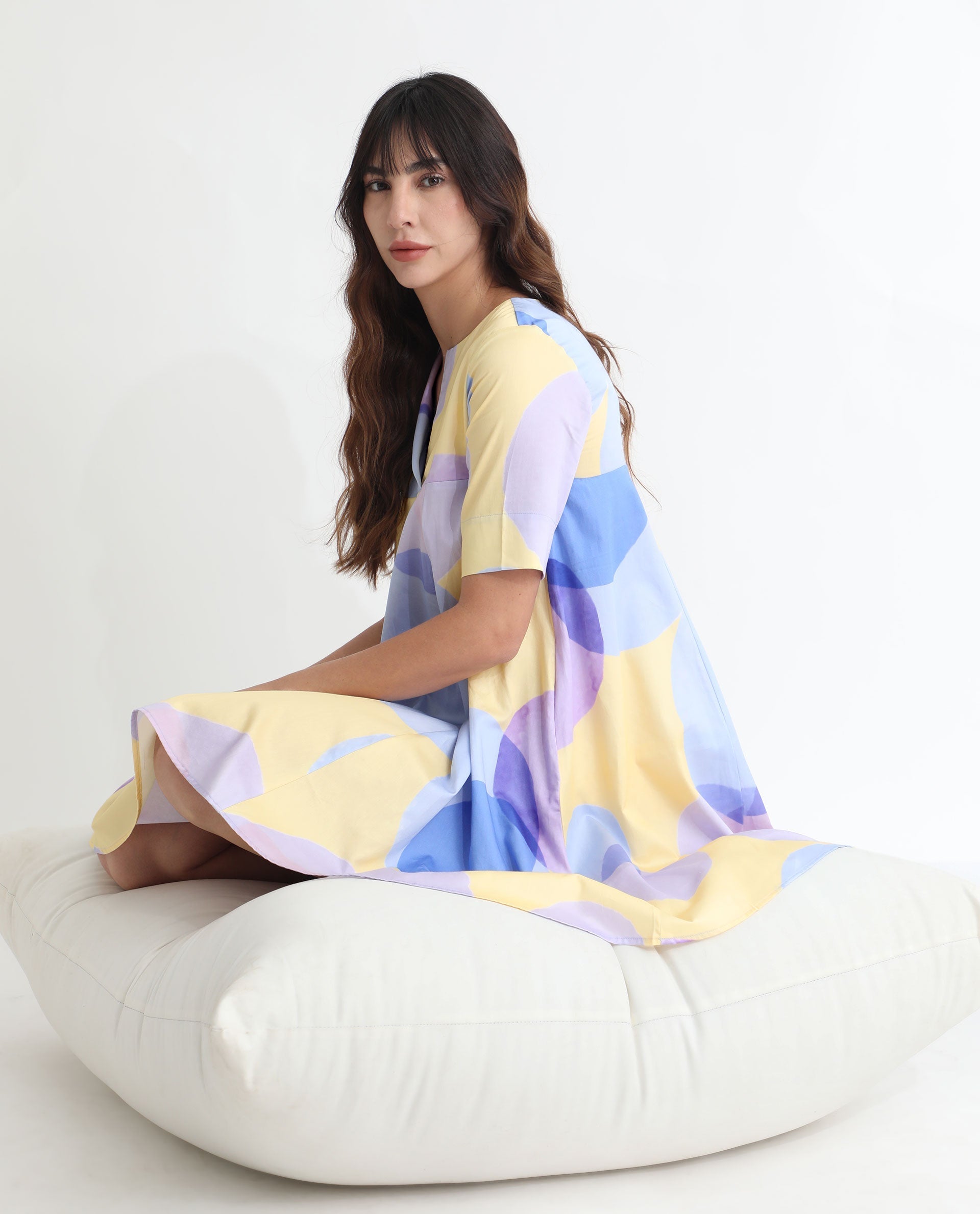Rareism Women's Campbell Yellow Cotton Overlap Neck Abstract Print Knee Length Flared Dress