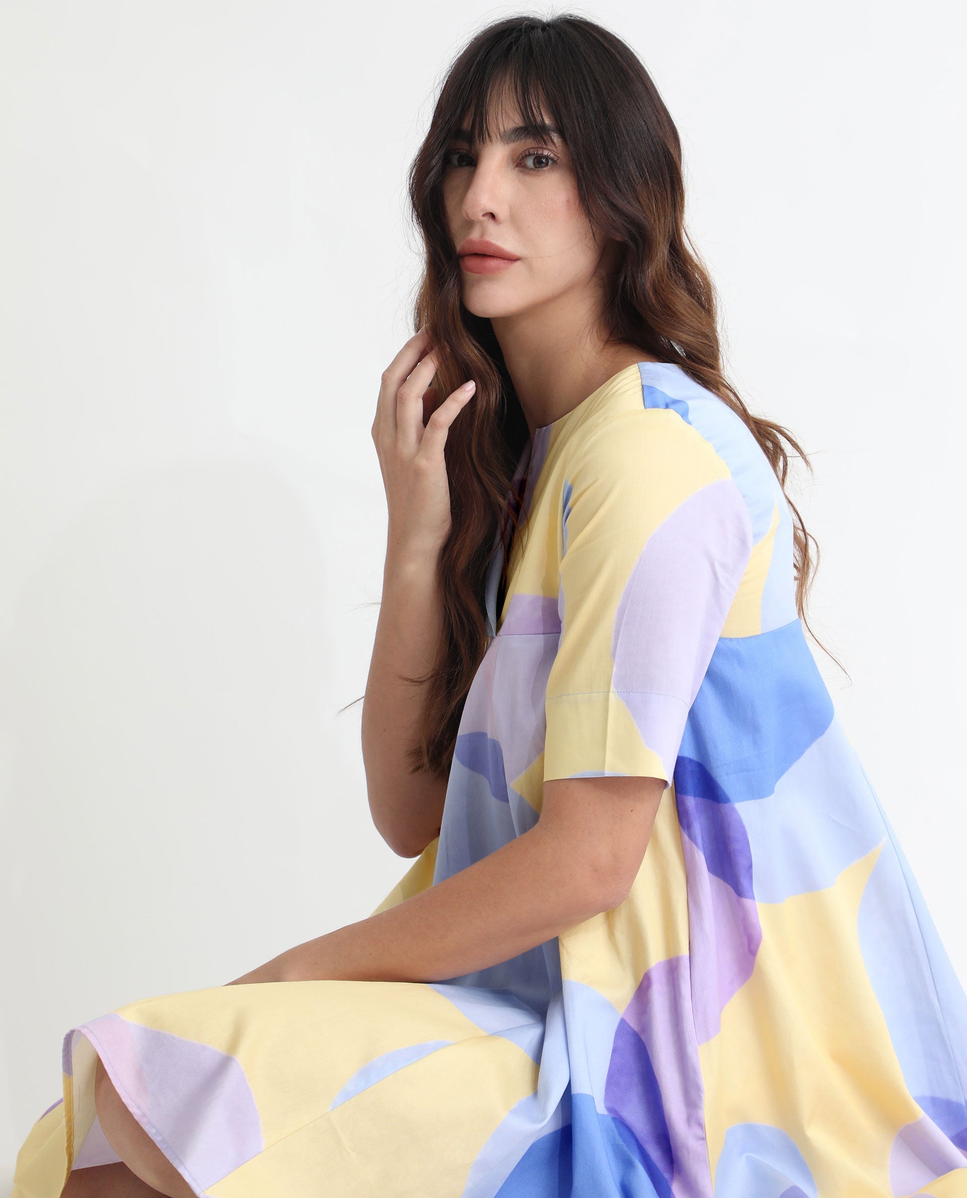 Rareism Women's Campbell Yellow Cotton Overlap Neck Abstract Print Knee Length Flared Dress