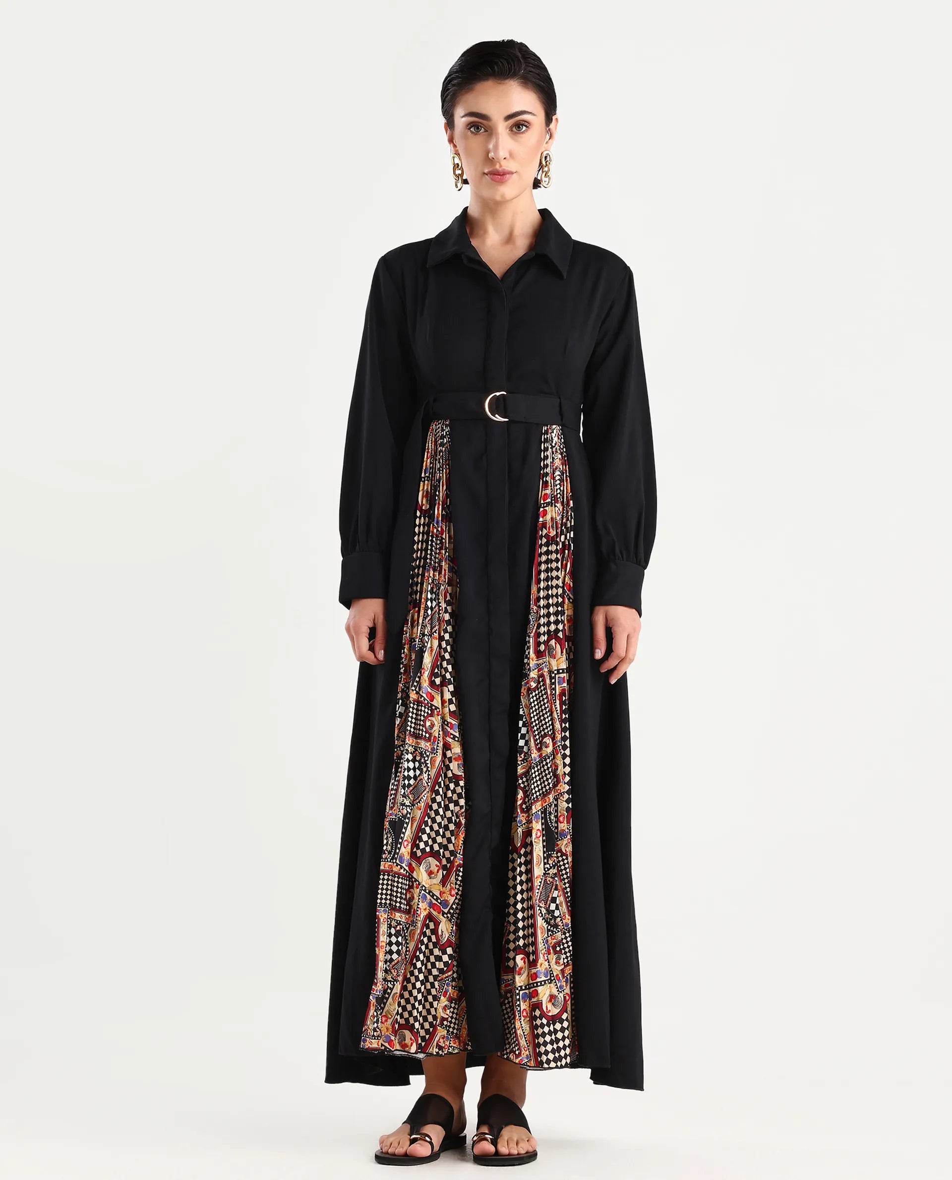 Rareism Women's Canadzor Multi Satin Drop Collar Geometric Print Bishop Sleeve Maxi Flared Dress