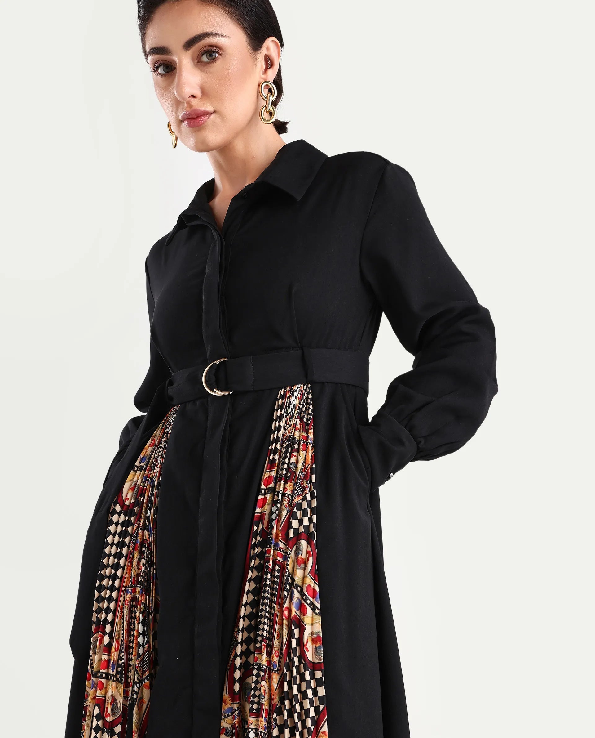 Rareism Women's Canadzor Multi Satin Drop Collar Geometric Print Bishop Sleeve Maxi Flared Dress