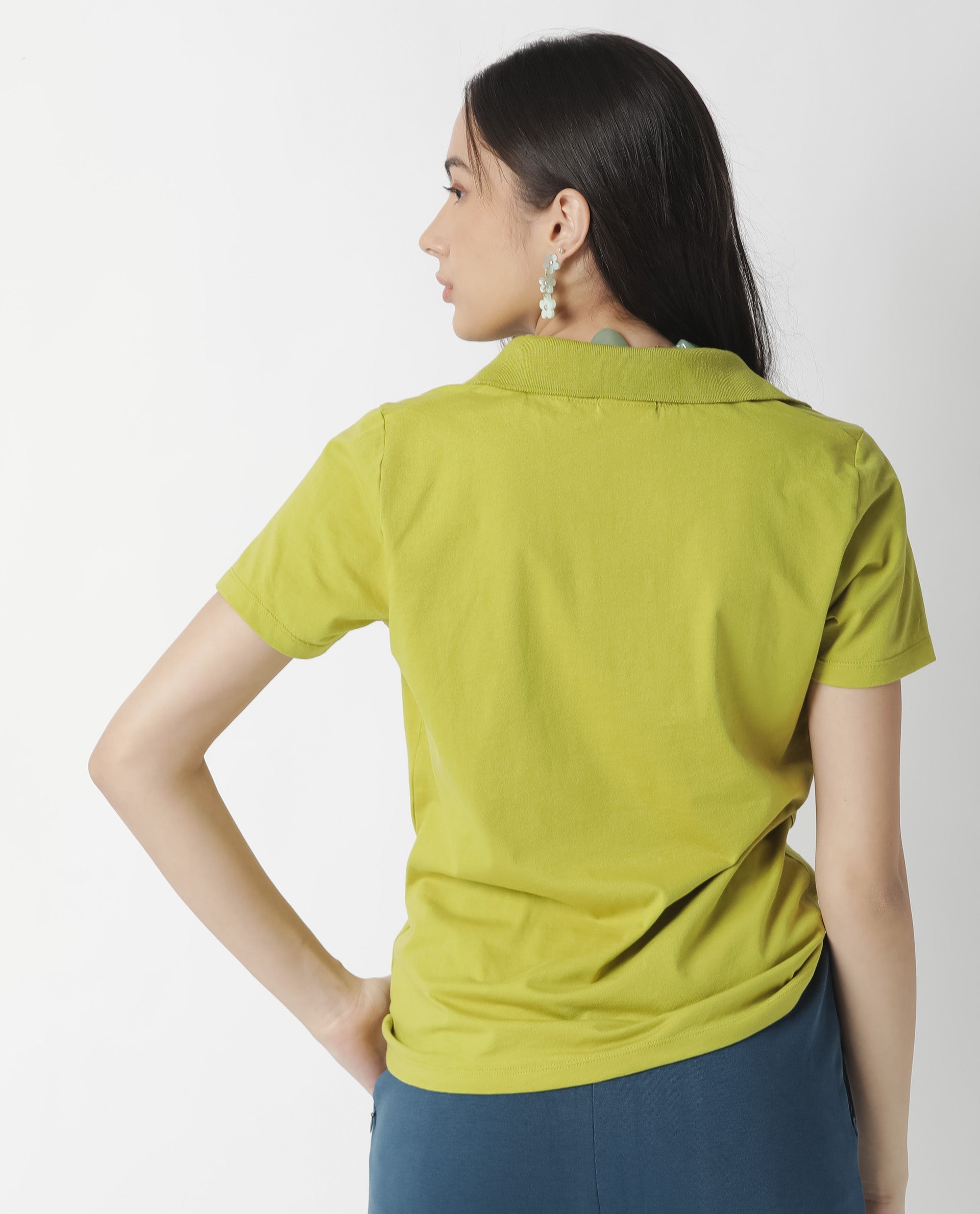 Rareism Womens Candid Green Polo Cotton Fabric Regular Fit Half Sleeve Collared Neck