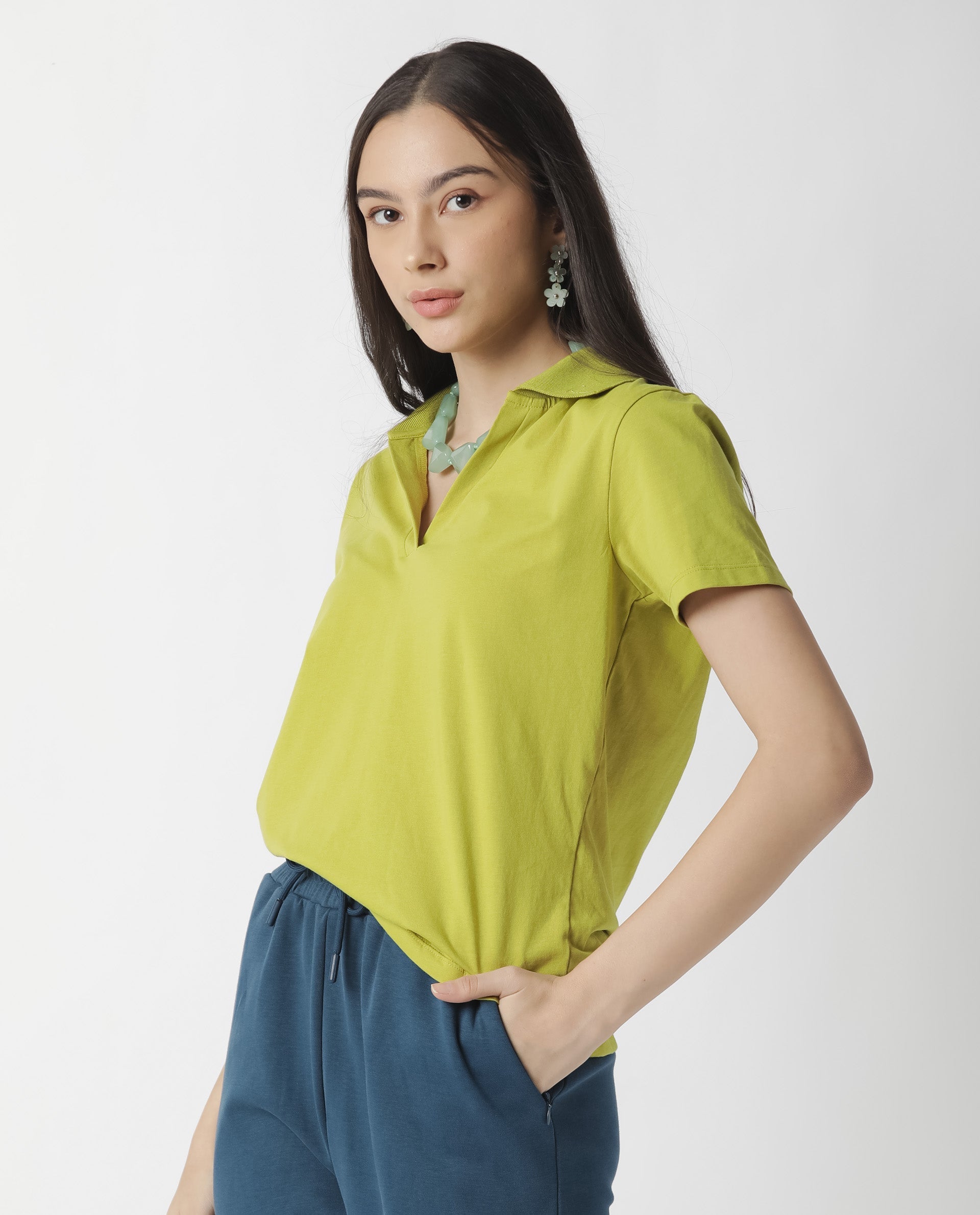 Rareism Womens Candid Green Polo Cotton Fabric Regular Fit Half Sleeve Collared Neck