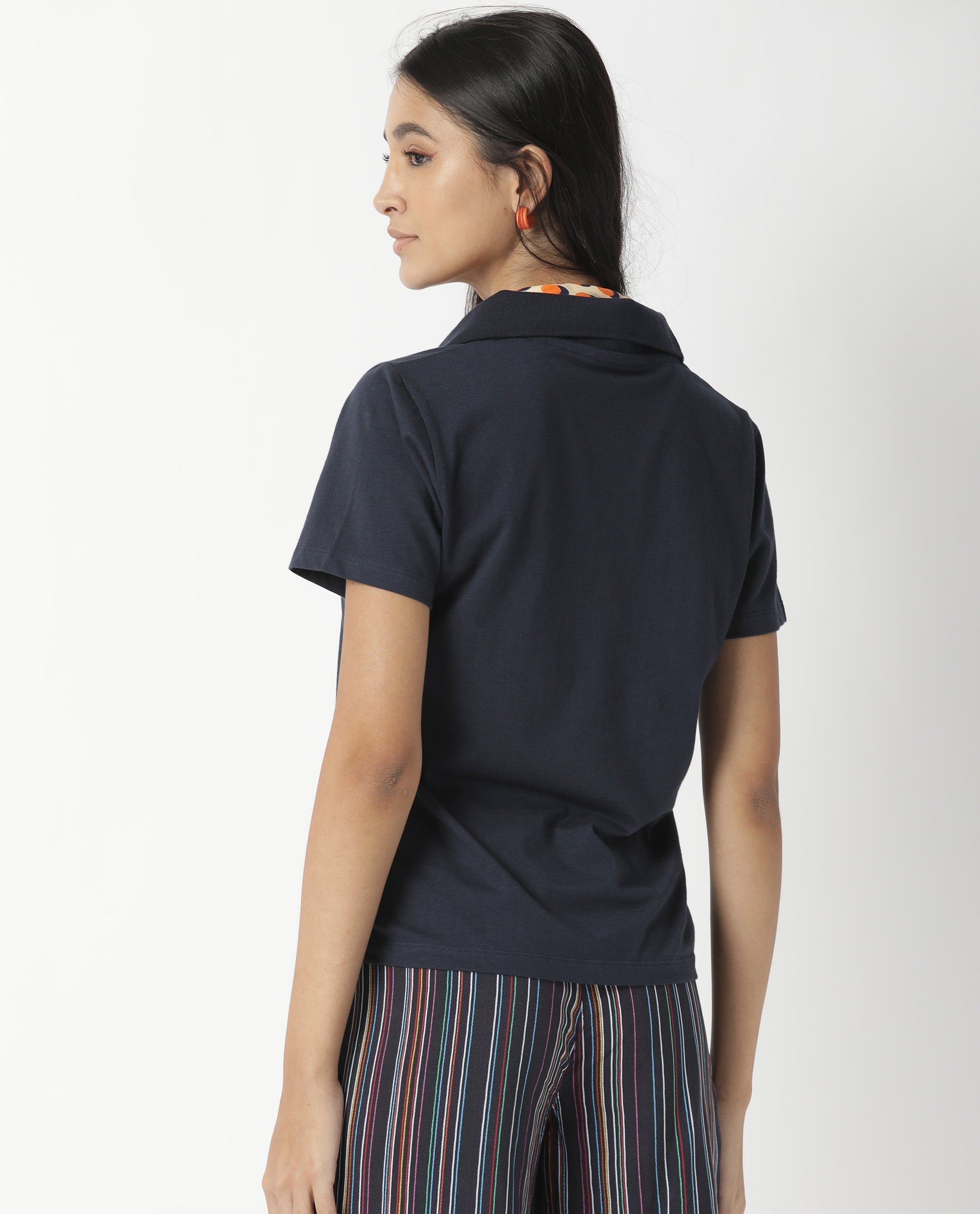 Rareism Womens Candid Navy Polo Cotton Fabric Regular Fit Half Sleeve Collared Neck