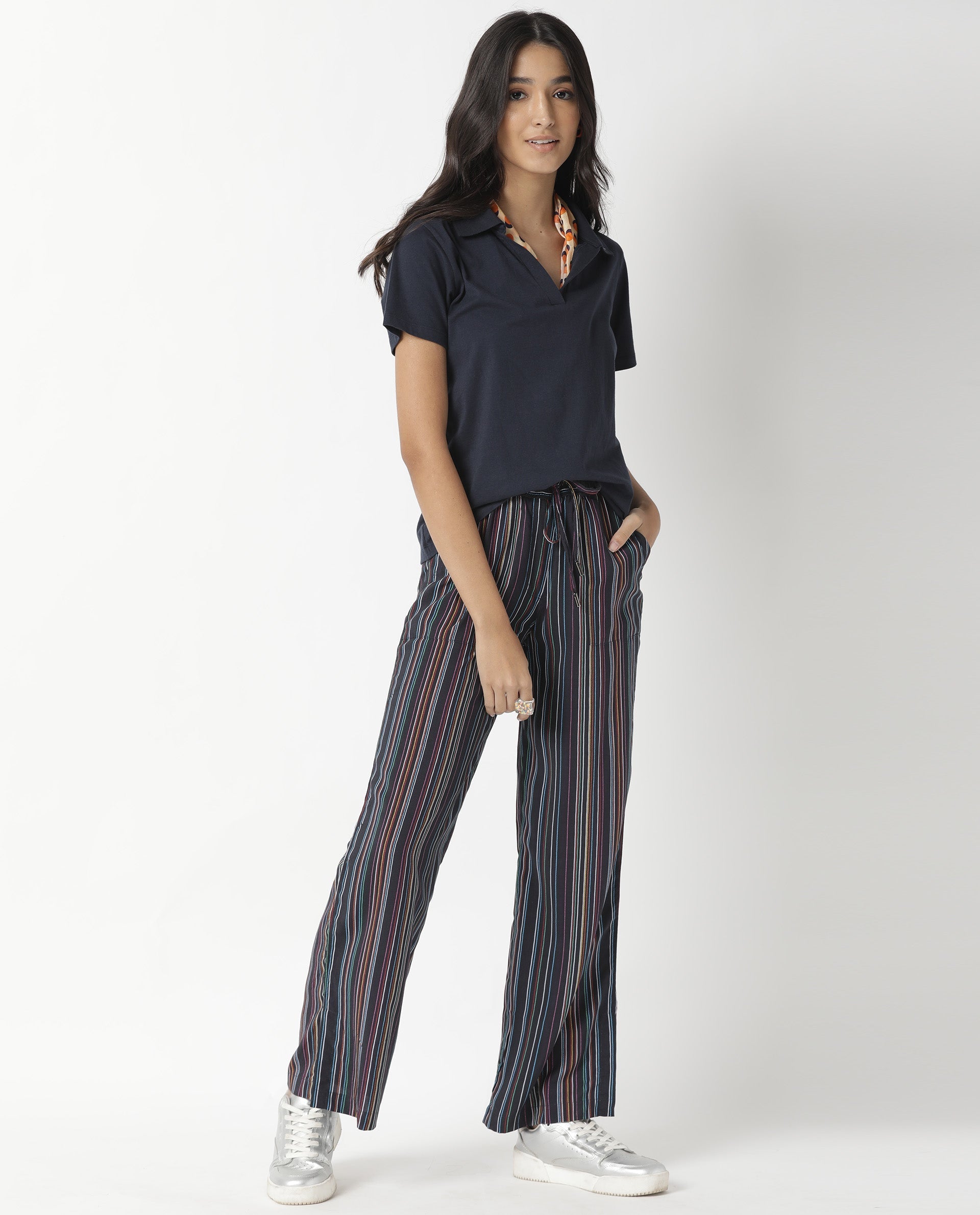 Rareism Womens Candid Navy Polo Cotton Fabric Regular Fit Half Sleeve Collared Neck